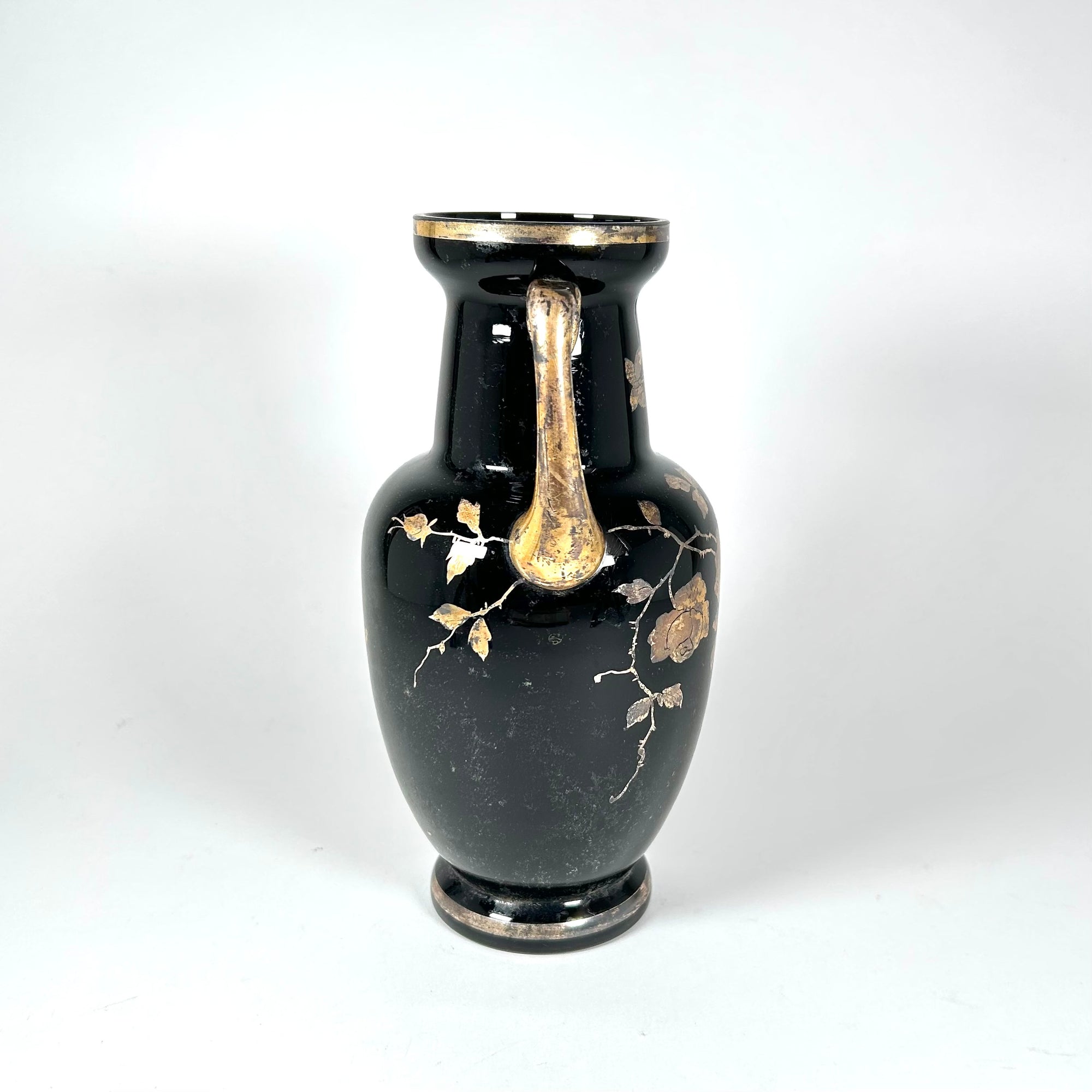 Bohemian Black Hyalith Glass Vase with Gold Roses and Butterflies