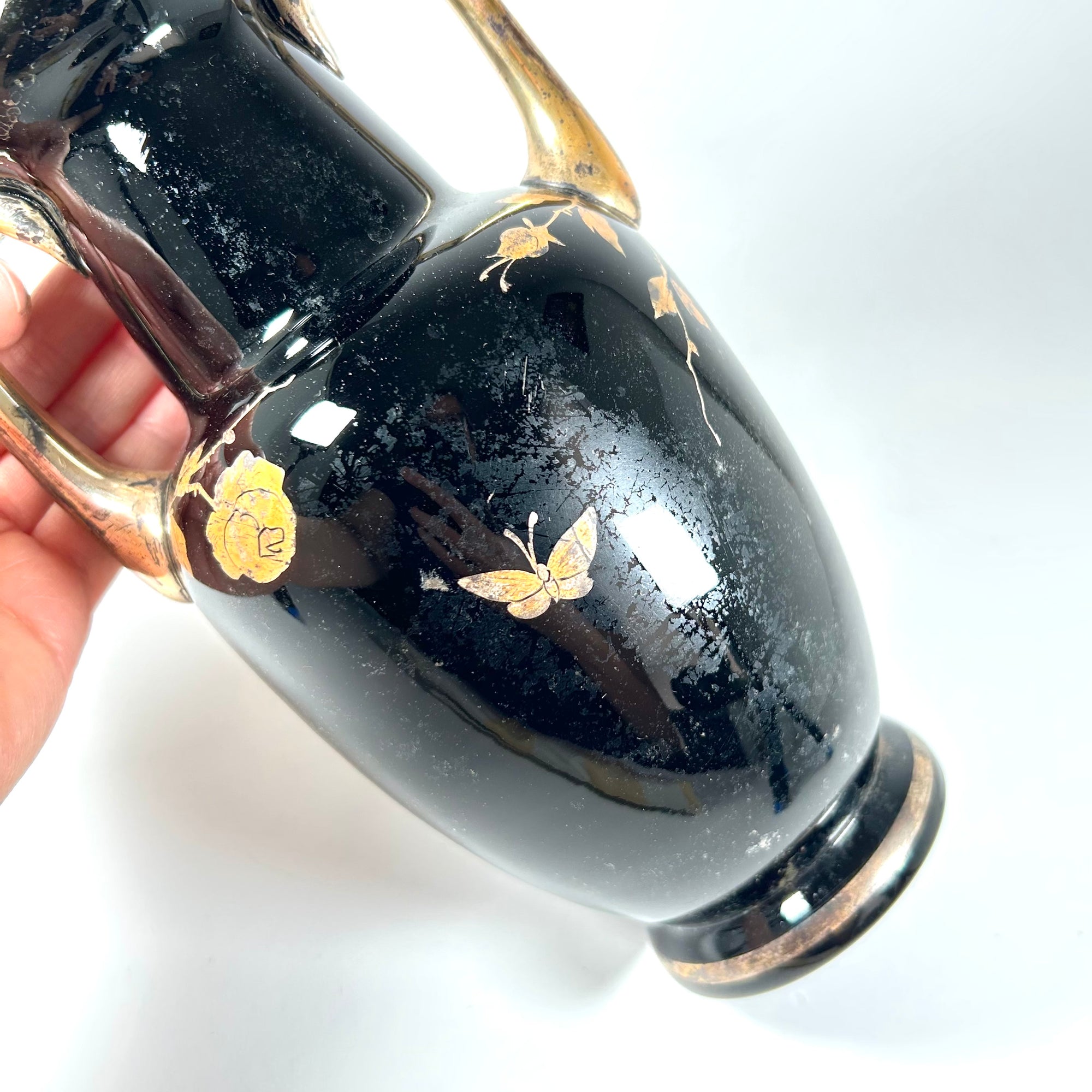 Bohemian Black Hyalith Glass Vase with Gold Roses and Butterflies