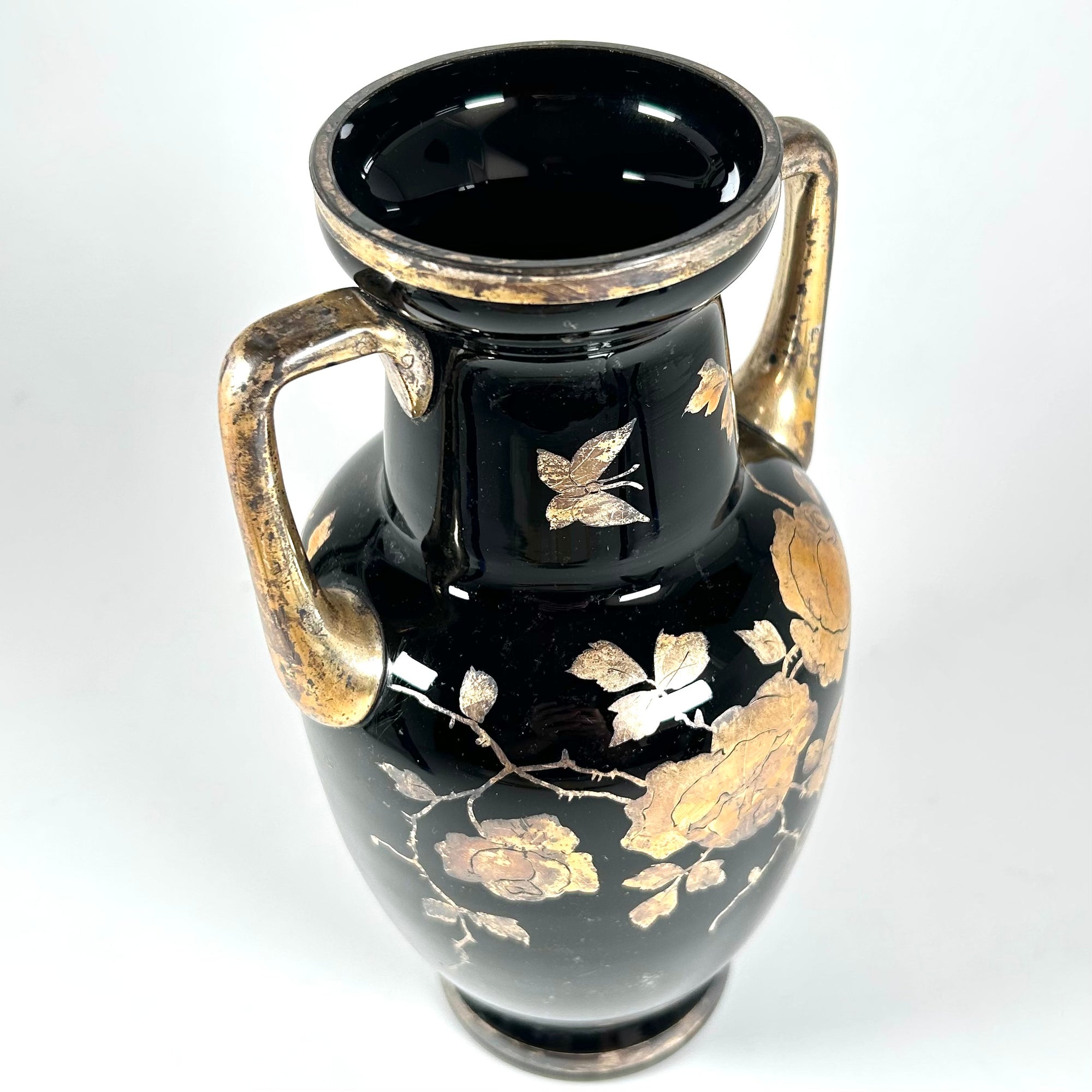 Bohemian Black Hyalith Glass Vase with Gold Roses and Butterflies