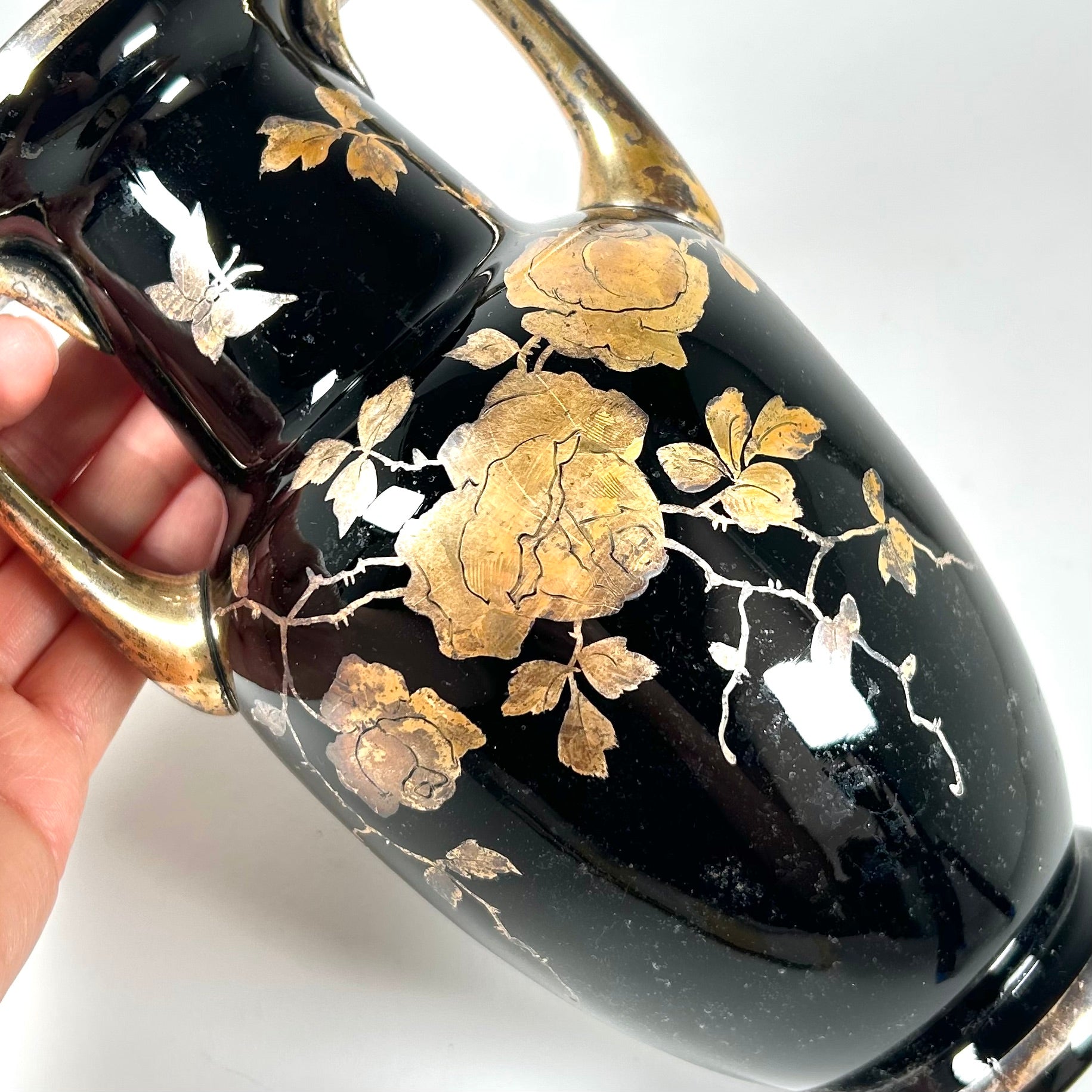 Bohemian Black Hyalith Glass Vase with Gold Roses and Butterflies