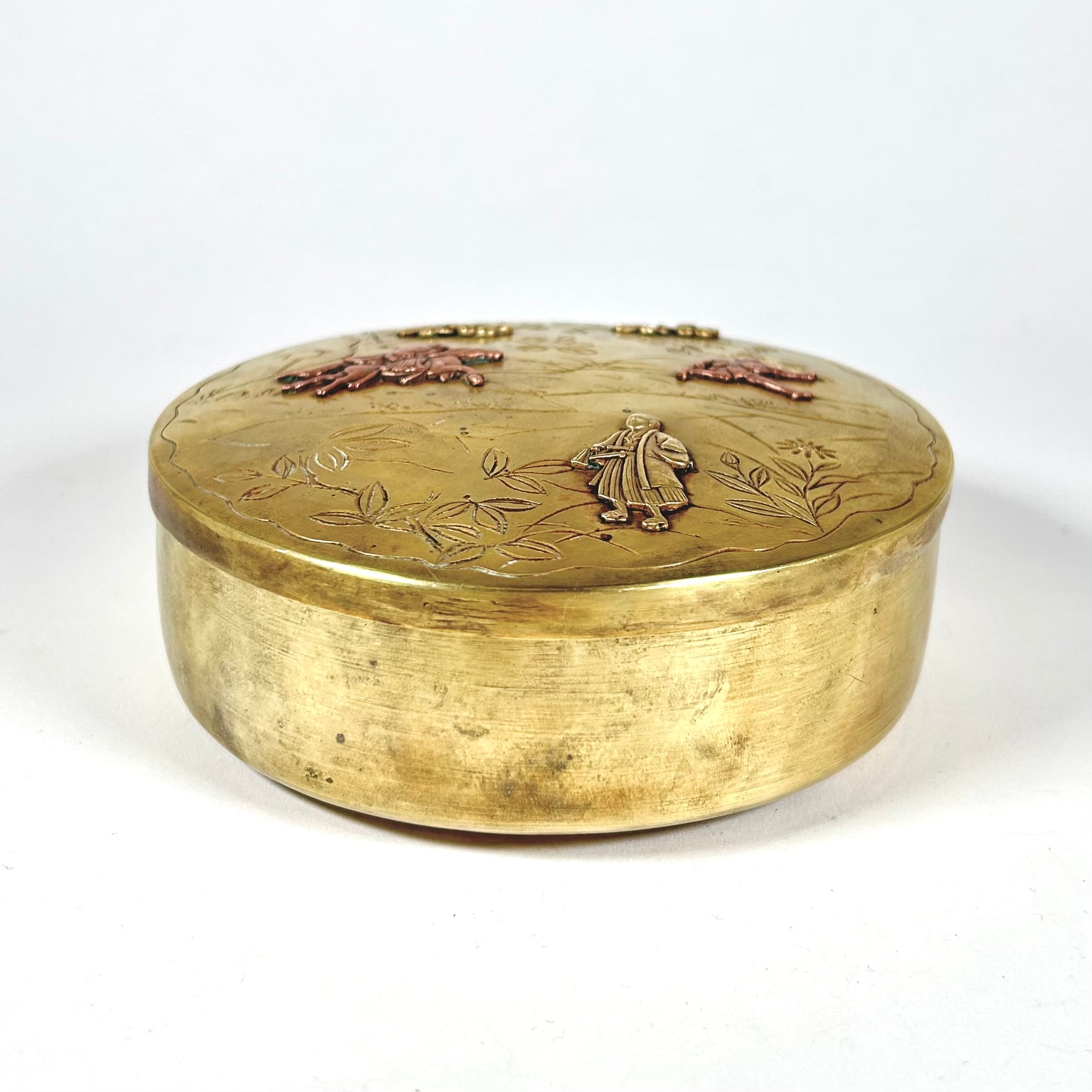 19th Century Japanese Brass-Clad Round Box with Horseman &amp; Samurai Scene