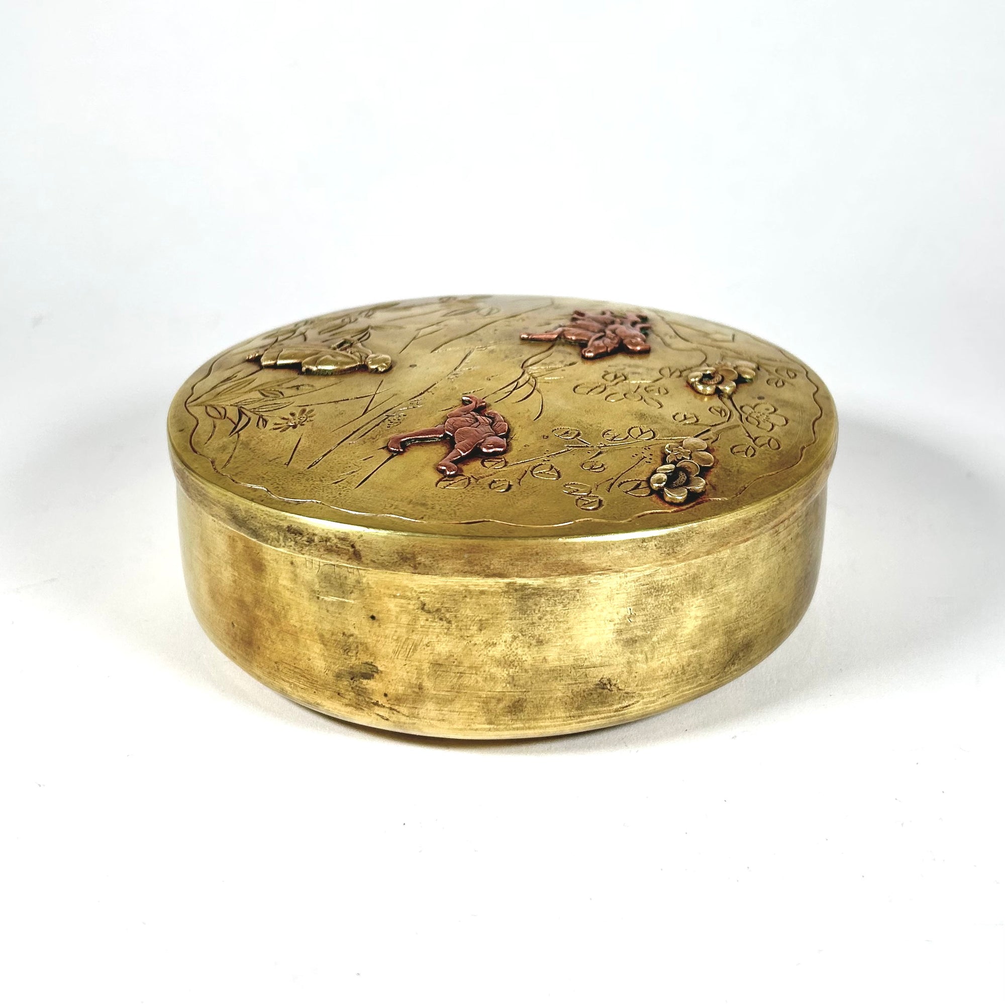 19th Century Japanese Brass-Clad Round Box with Horseman &amp; Samurai Scene