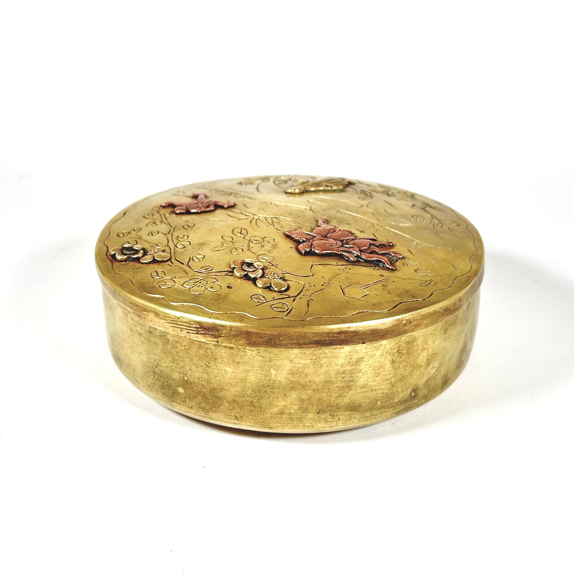 19th Century Japanese Brass-Clad Round Box with Horseman &amp; Samurai Scene