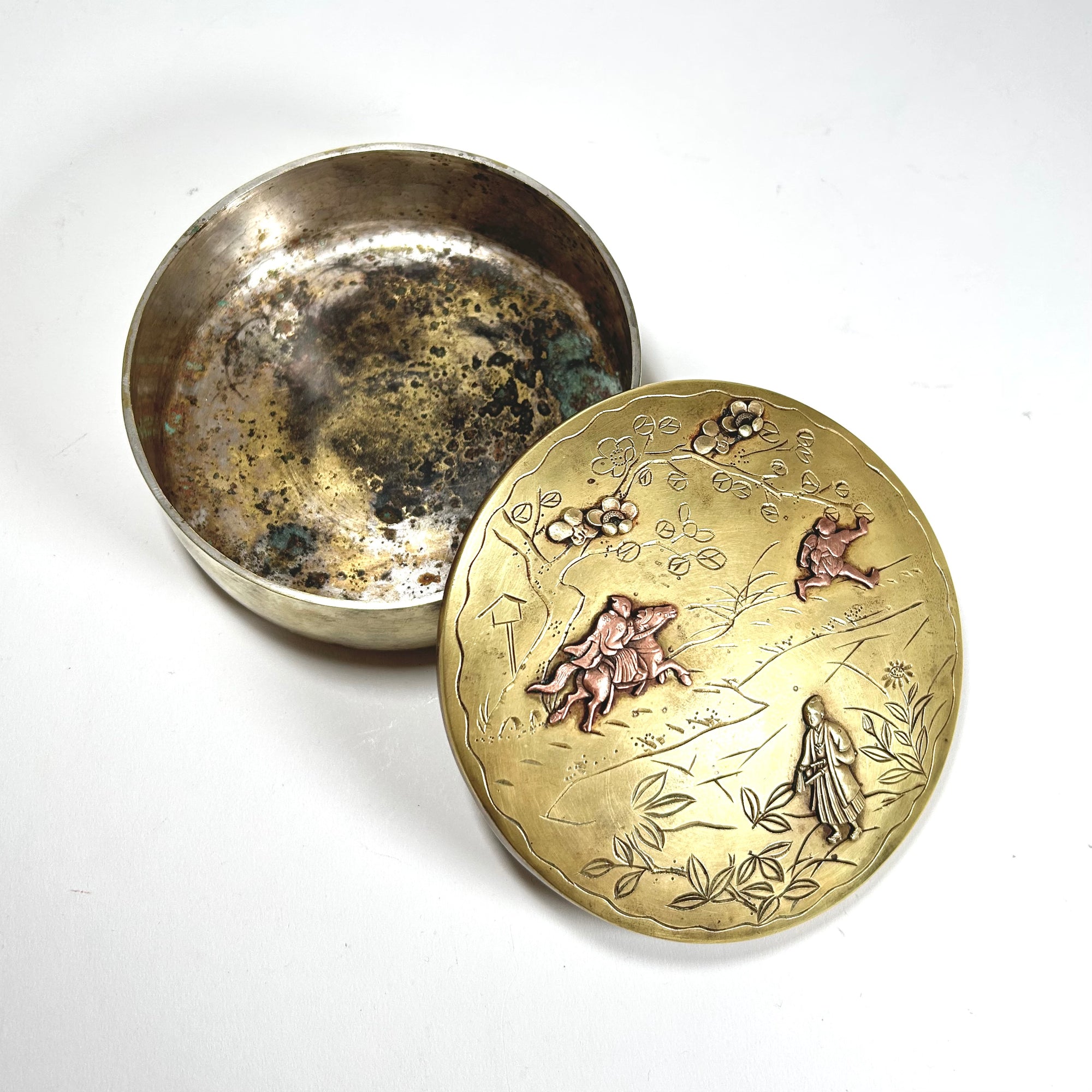 19th Century Japanese Brass-Clad Round Box with Horseman &amp; Samurai Scene