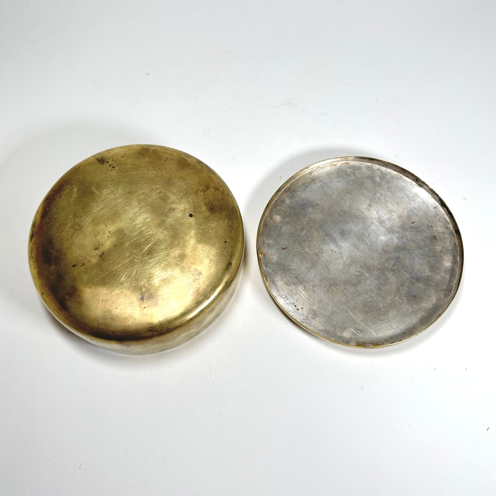 19th Century Japanese Brass-Clad Round Box with Horseman &amp; Samurai Scene