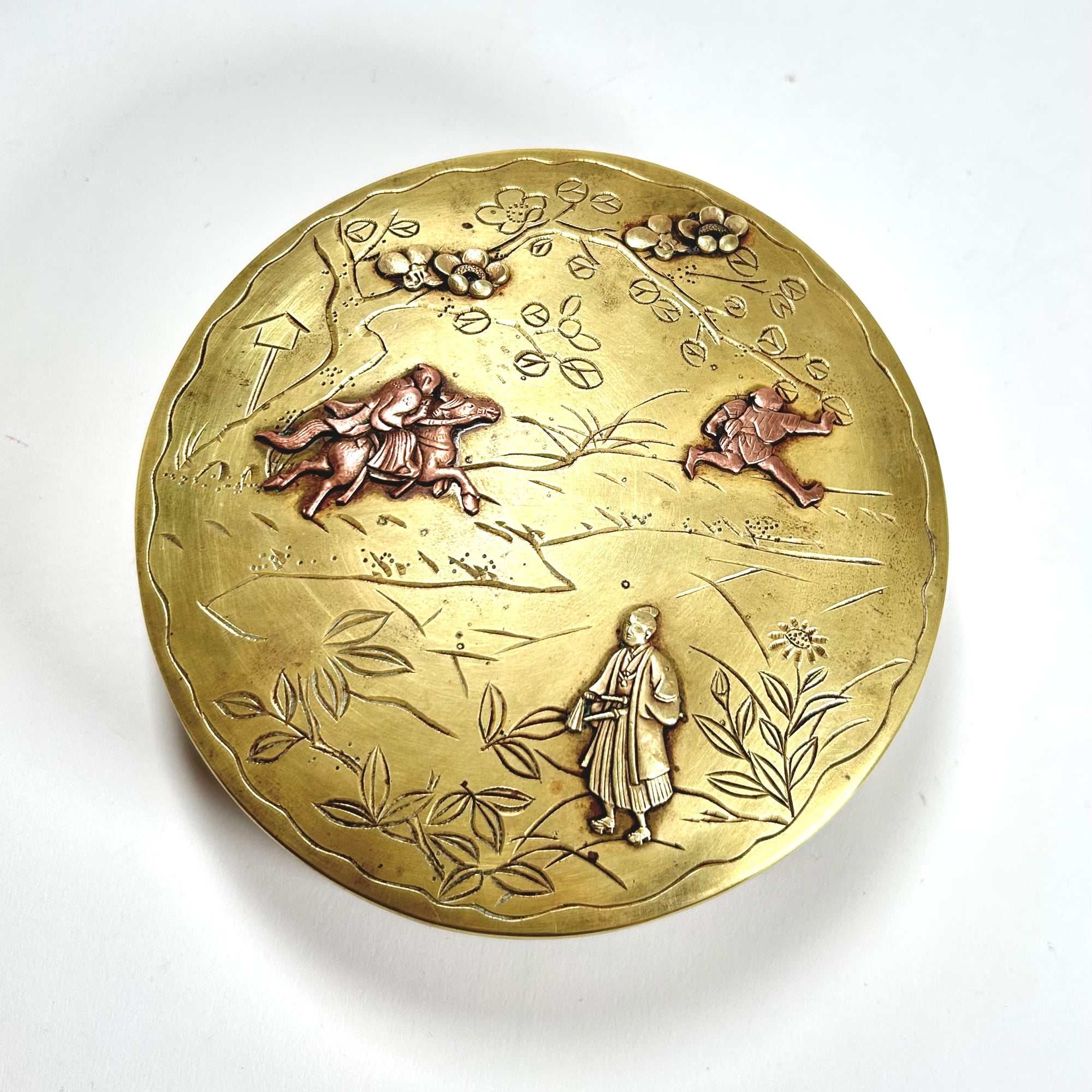 19th Century Japanese Brass-Clad Round Box with Horseman &amp; Samurai Scene