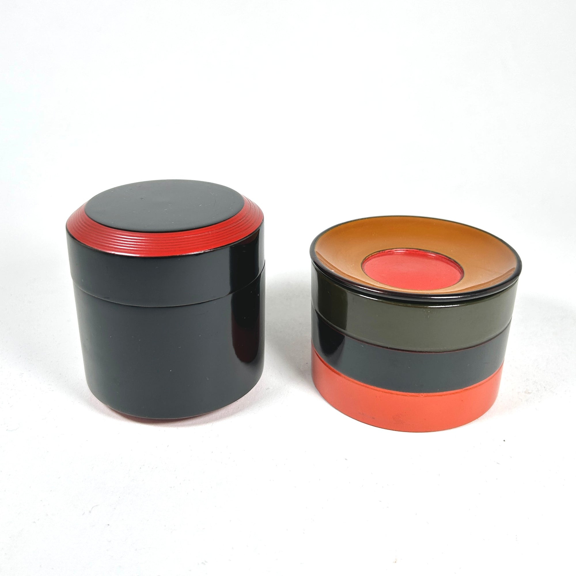 Japanese Black Lacquer Round Boxes - Mid-Century Styling