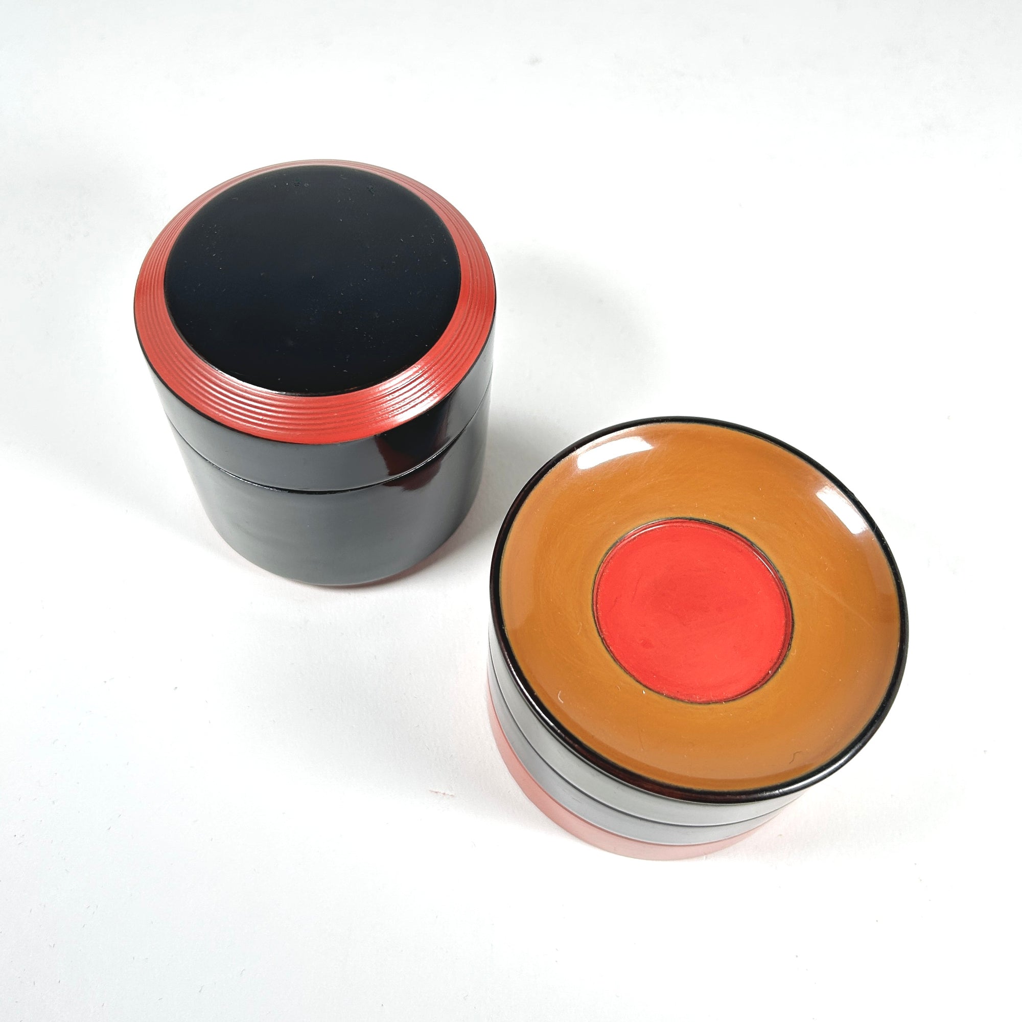 Japanese Black Lacquer Round Boxes - Mid-Century Styling