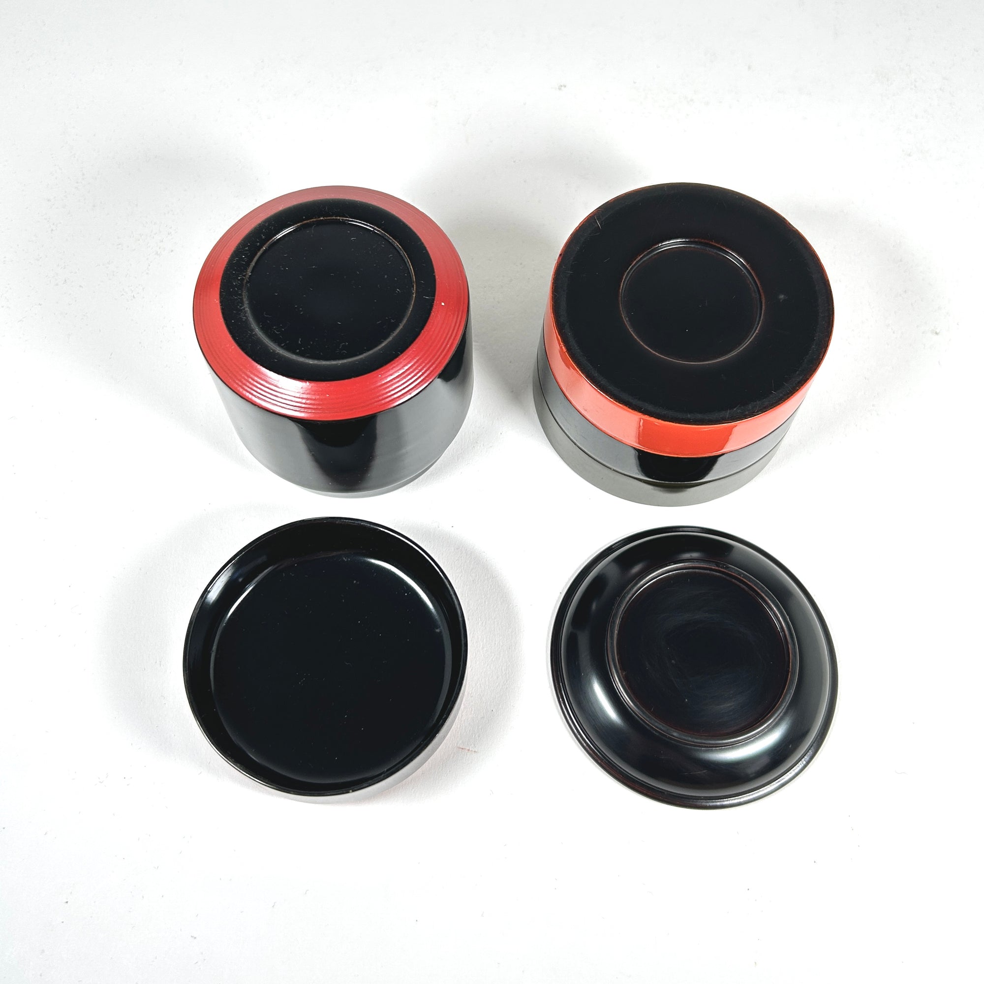 Japanese Black Lacquer Round Boxes - Mid-Century Styling