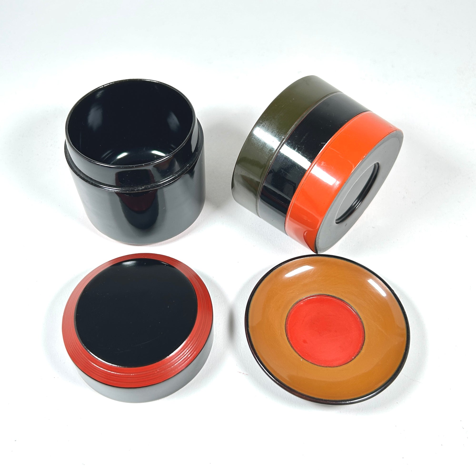 Japanese Black Lacquer Round Boxes - Mid-Century Styling