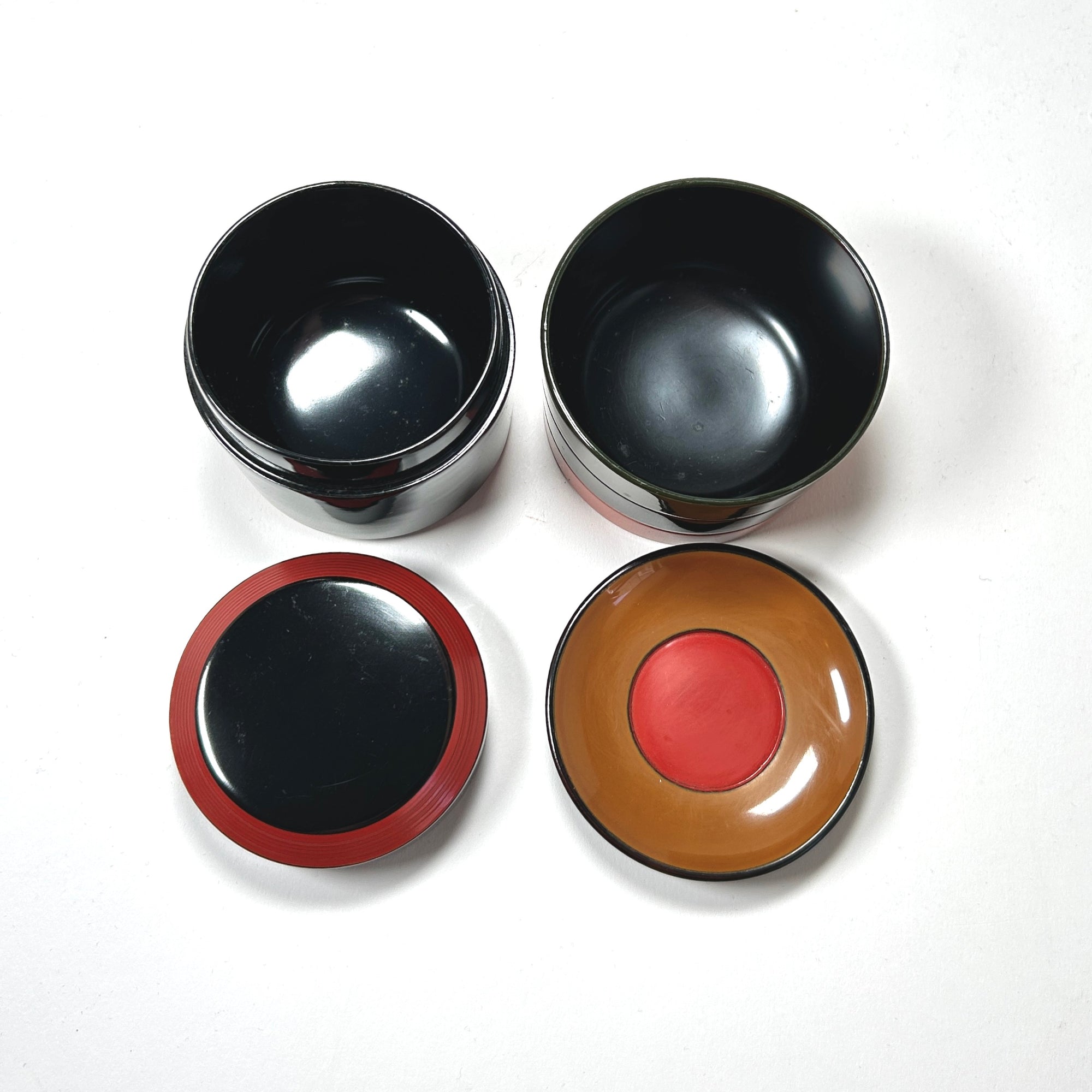Japanese Black Lacquer Round Boxes - Mid-Century Styling