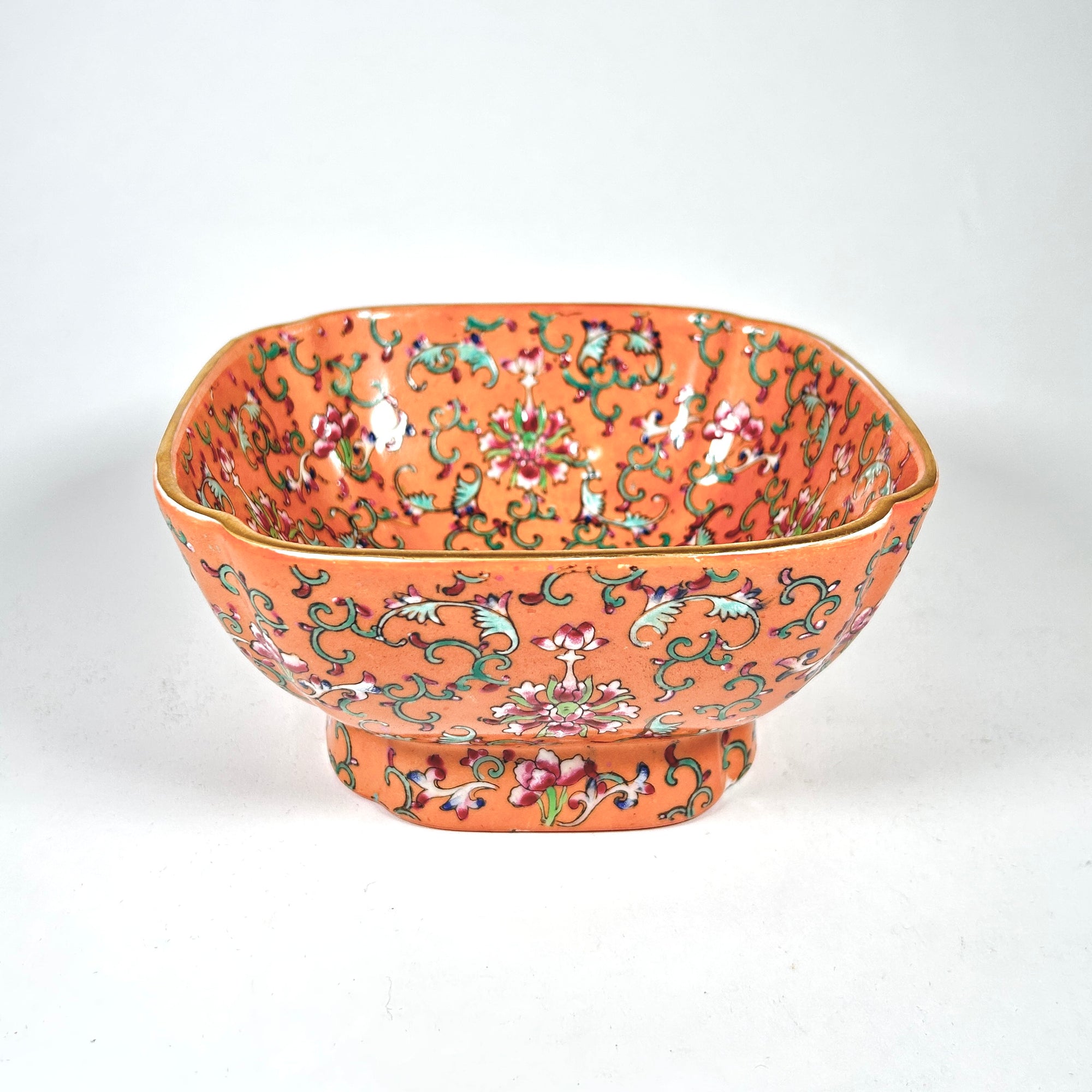Vintage Orange Famille Rose Footed Square Bowl