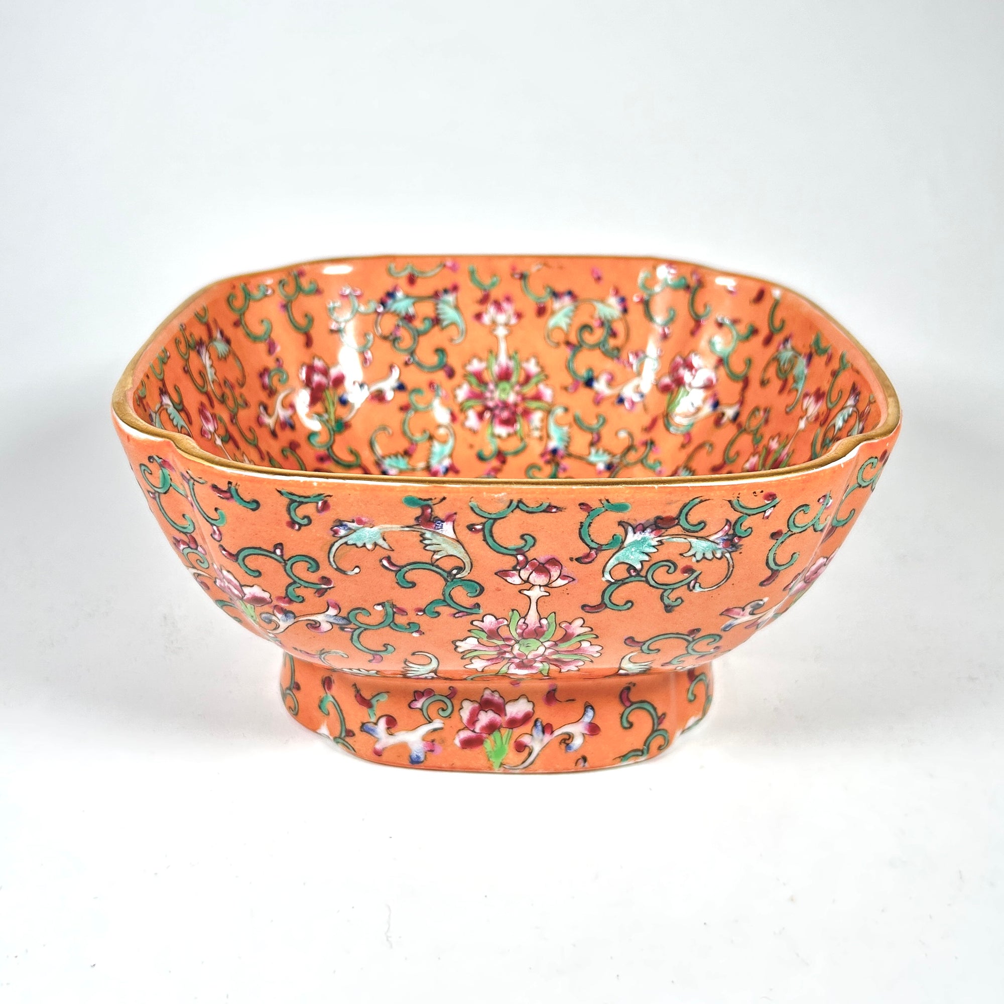 Vintage Orange Famille Rose Footed Square Bowl