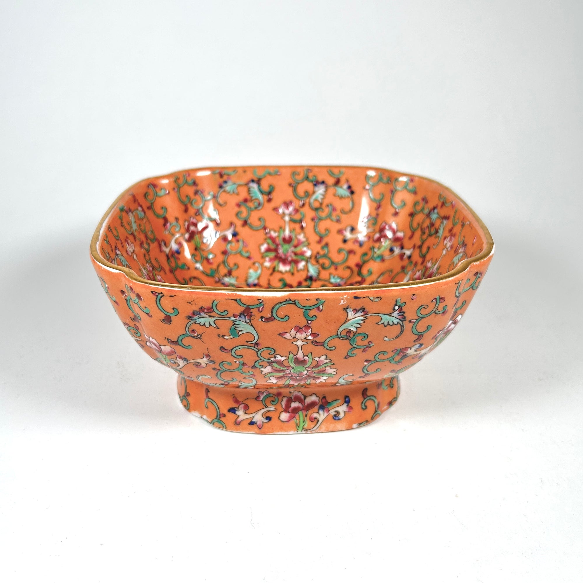 Vintage Orange Famille Rose Footed Square Bowl