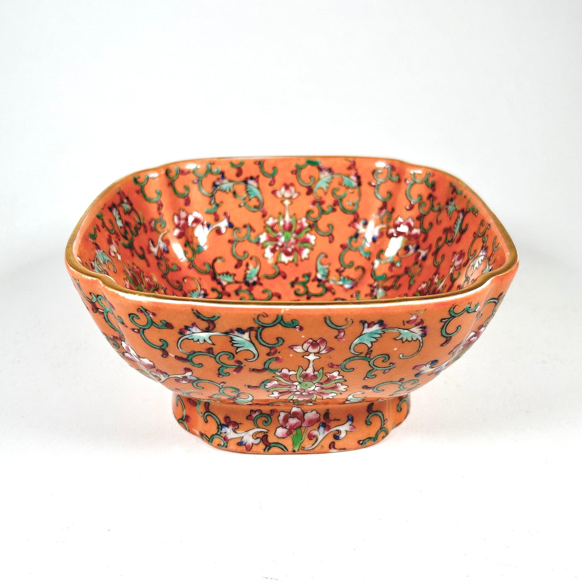 Vintage Orange Famille Rose Footed Square Bowl