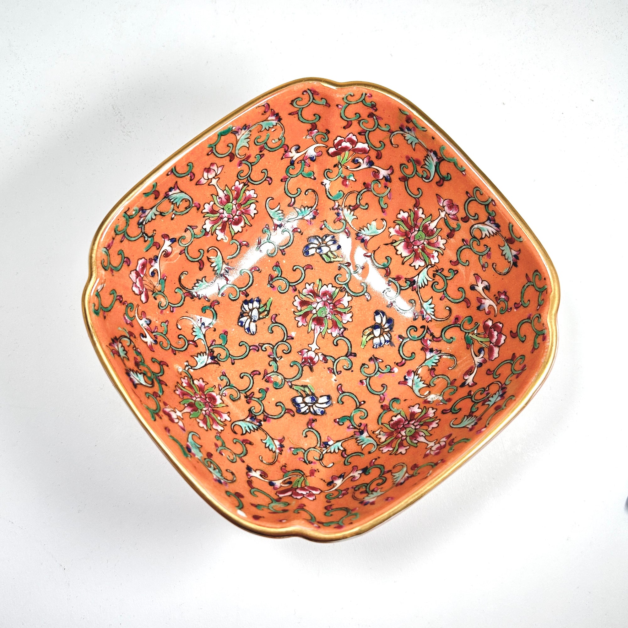 Vintage Orange Famille Rose Footed Square Bowl