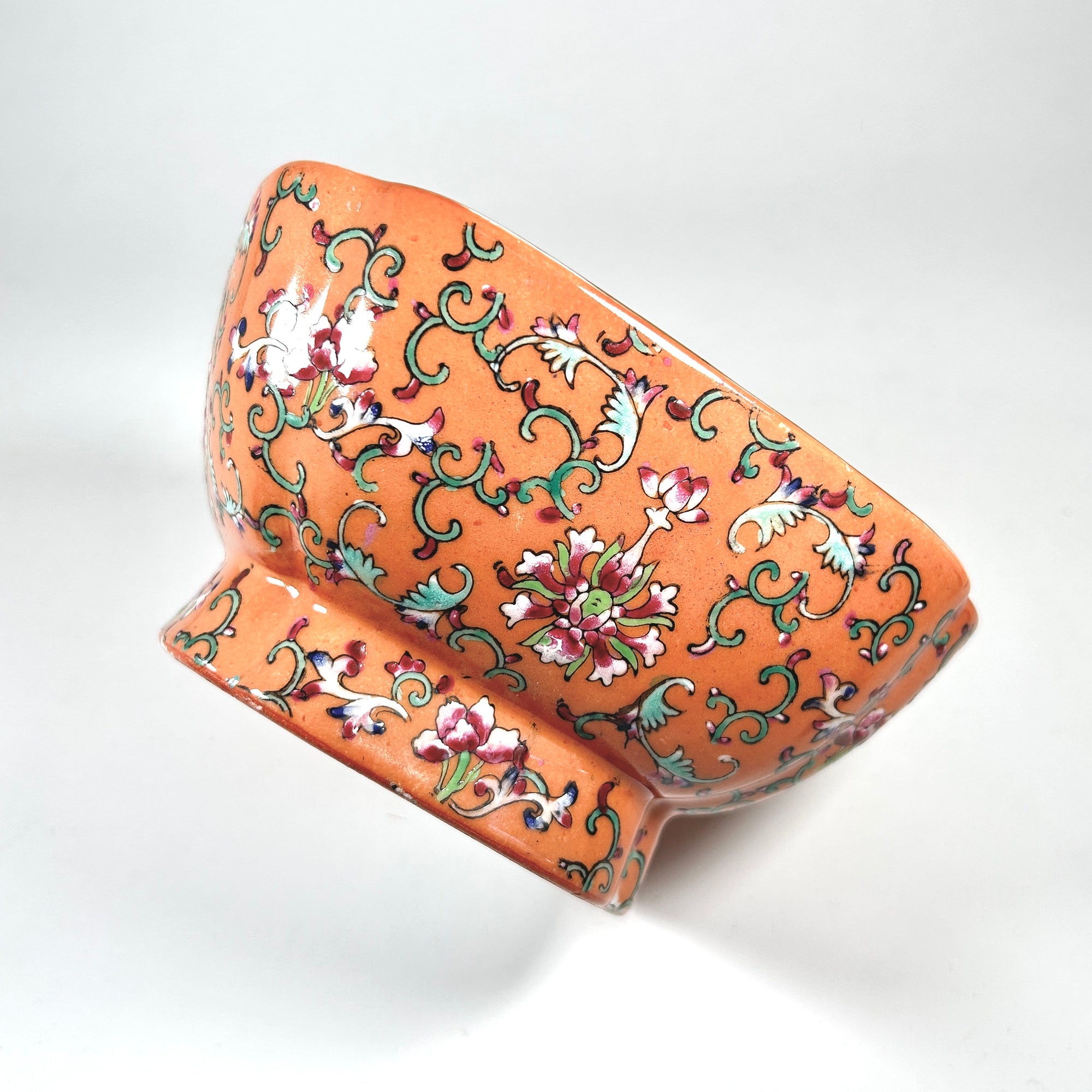 Vintage Orange Famille Rose Footed Square Bowl