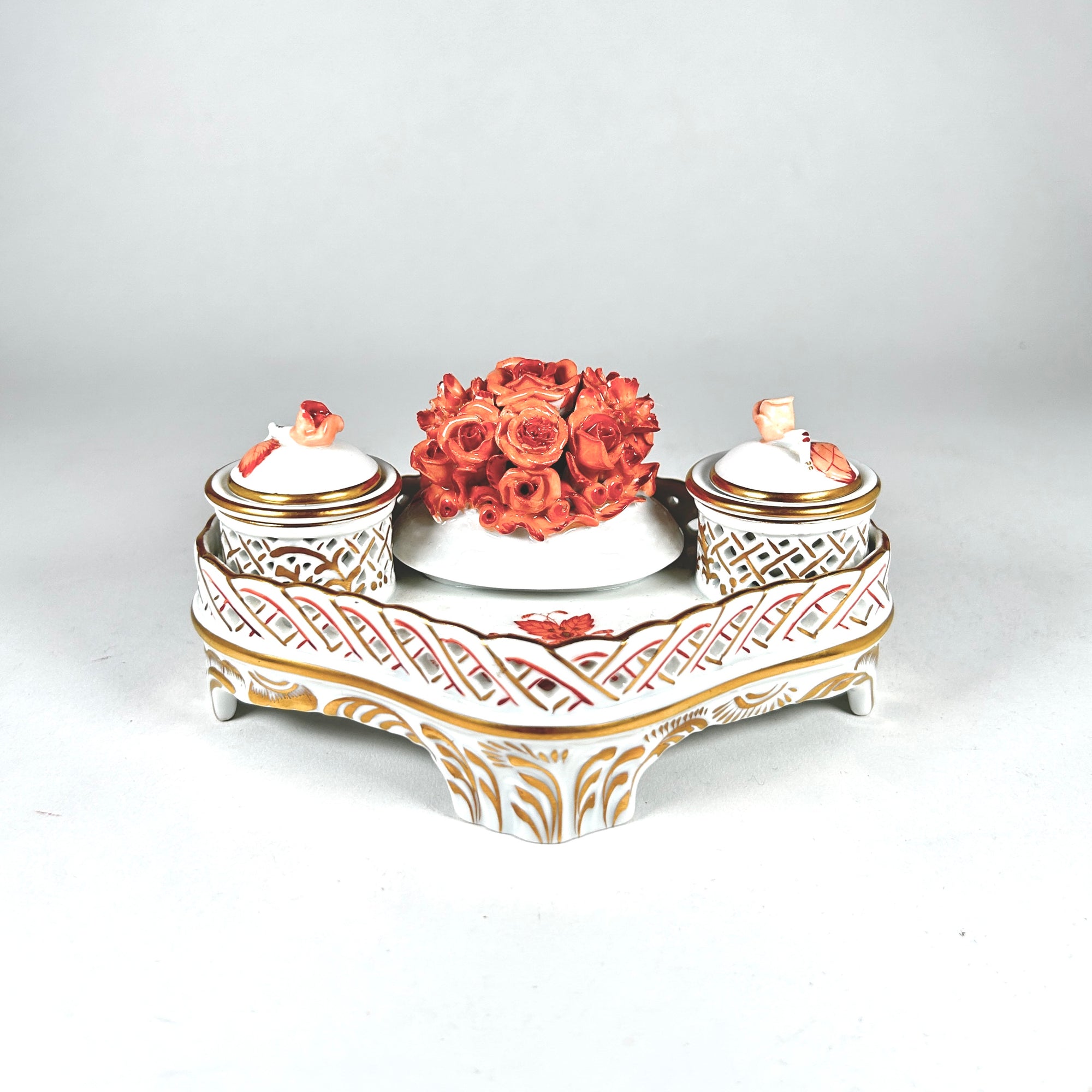Herend Hungary Petite Porcelain Chinese Bouquet Rust Double Inkwell