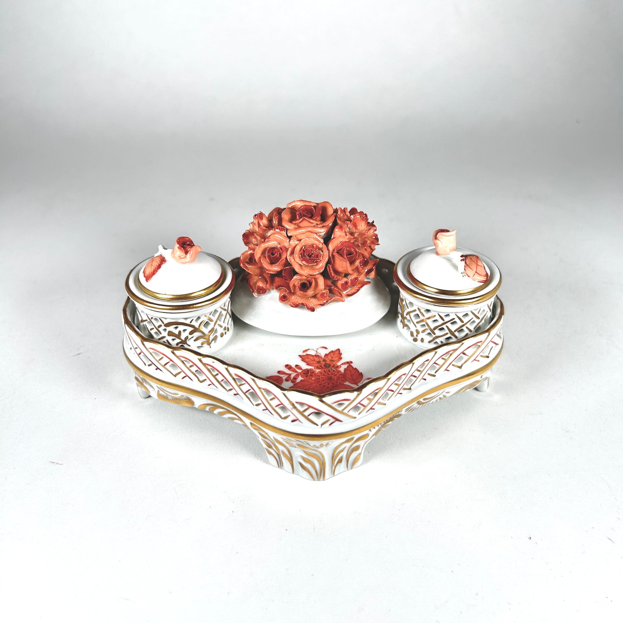 Herend Hungary Petite Porcelain Chinese Bouquet Rust Double Inkwell