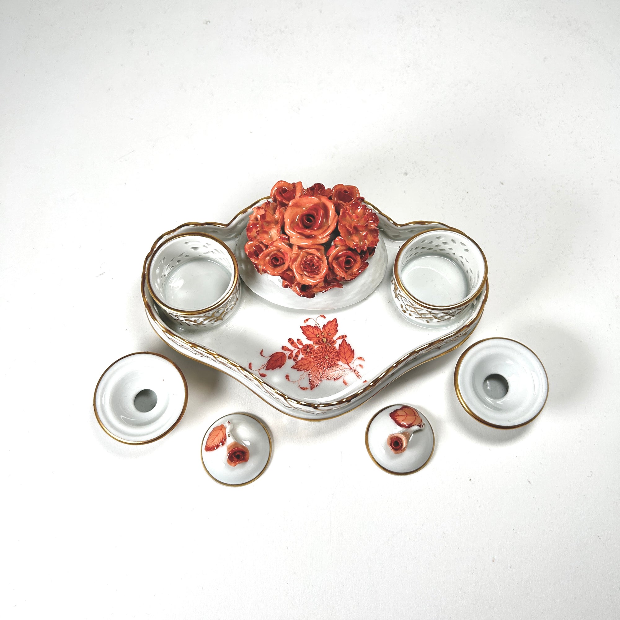 Herend Hungary Petite Porcelain Chinese Bouquet Rust Double Inkwell