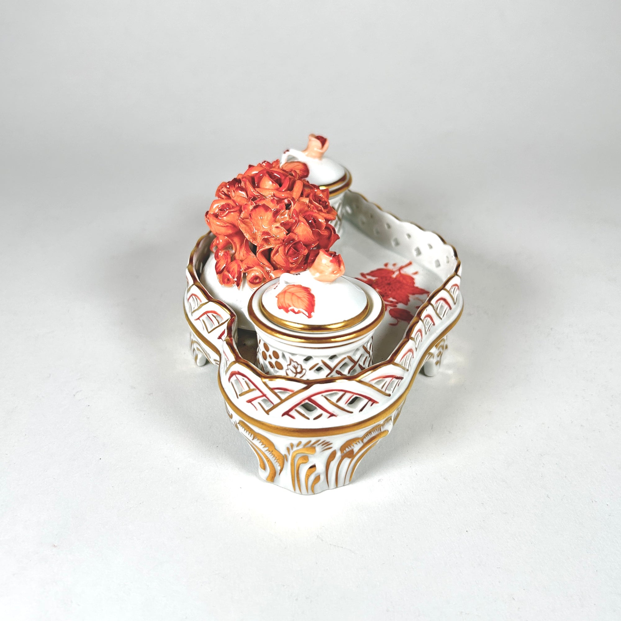 Herend Hungary Petite Porcelain Chinese Bouquet Rust Double Inkwell