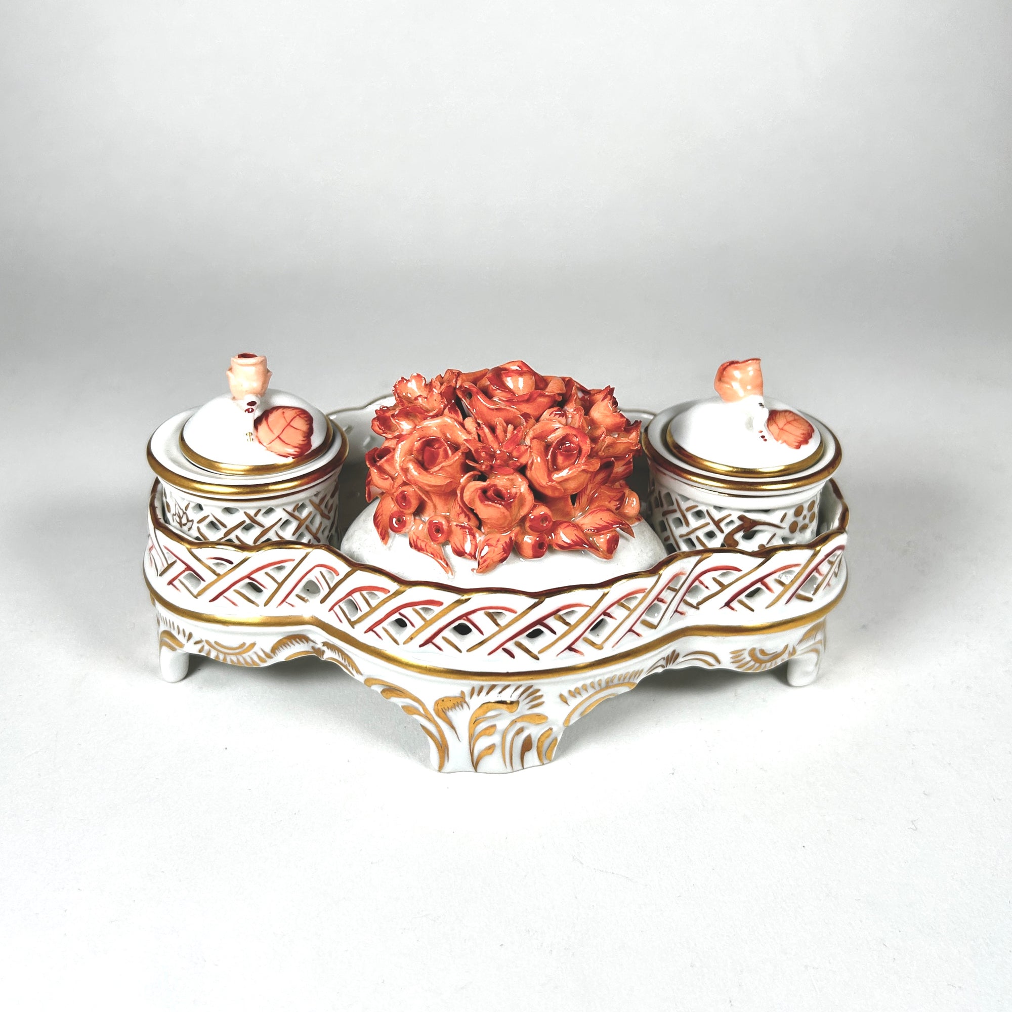 Herend Hungary Petite Porcelain Chinese Bouquet Rust Double Inkwell