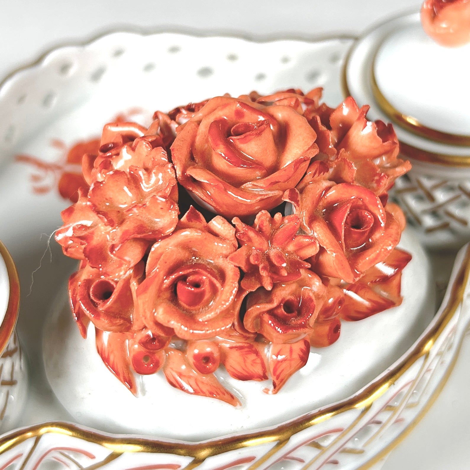 Herend Hungary Petite Porcelain Chinese Bouquet Rust Double Inkwell