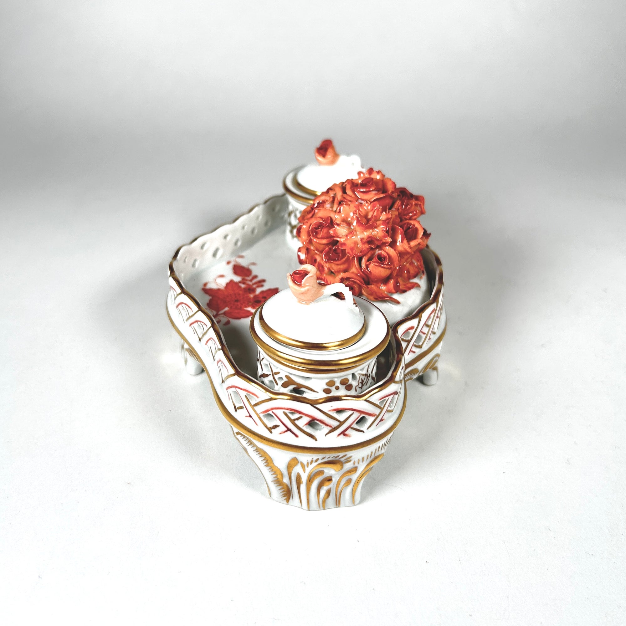 Herend Hungary Petite Porcelain Chinese Bouquet Rust Double Inkwell