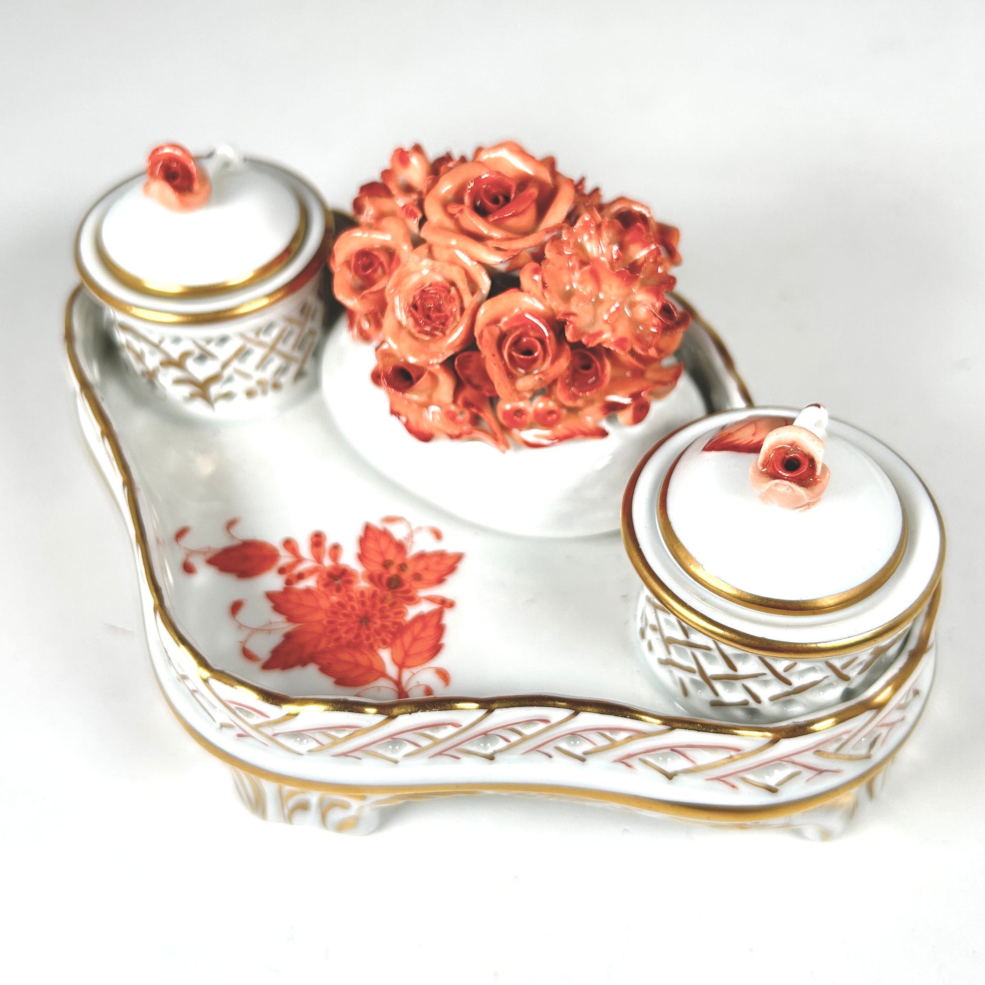 Herend Hungary Petite Porcelain Chinese Bouquet Rust Double Inkwell
