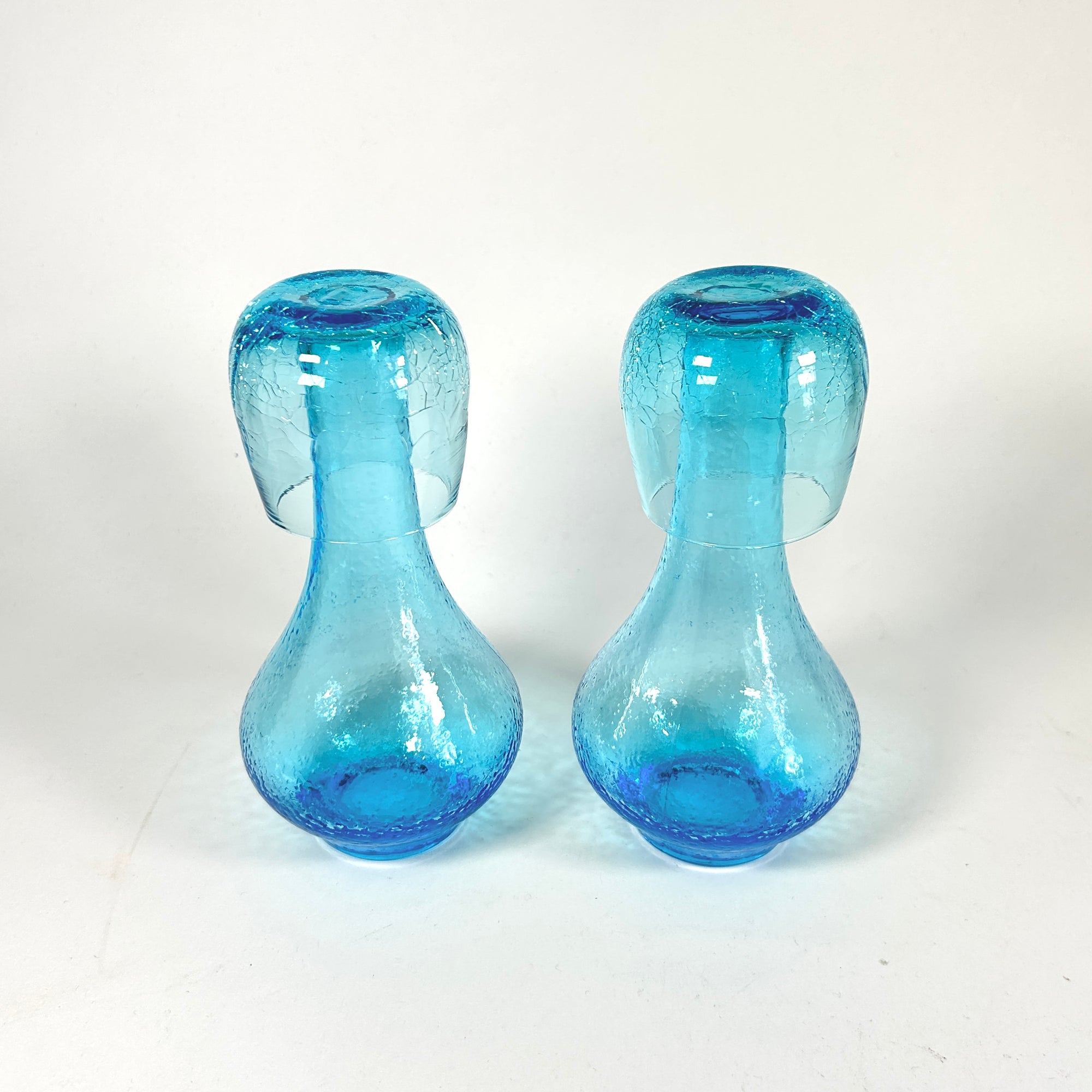 Bedside Carafe Tumble Up Turquoise Blue Crackle Glass Set /2