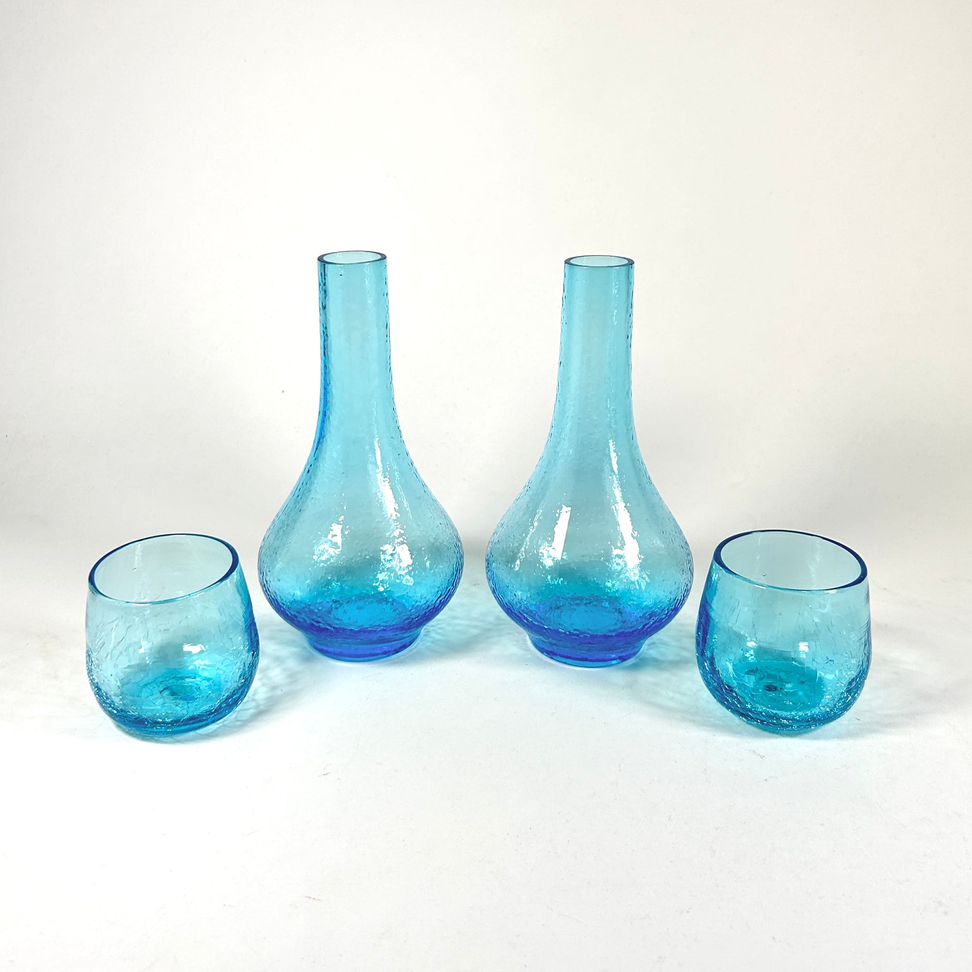 Bedside Carafe Tumble Up Turquoise Blue Crackle Glass Set /2
