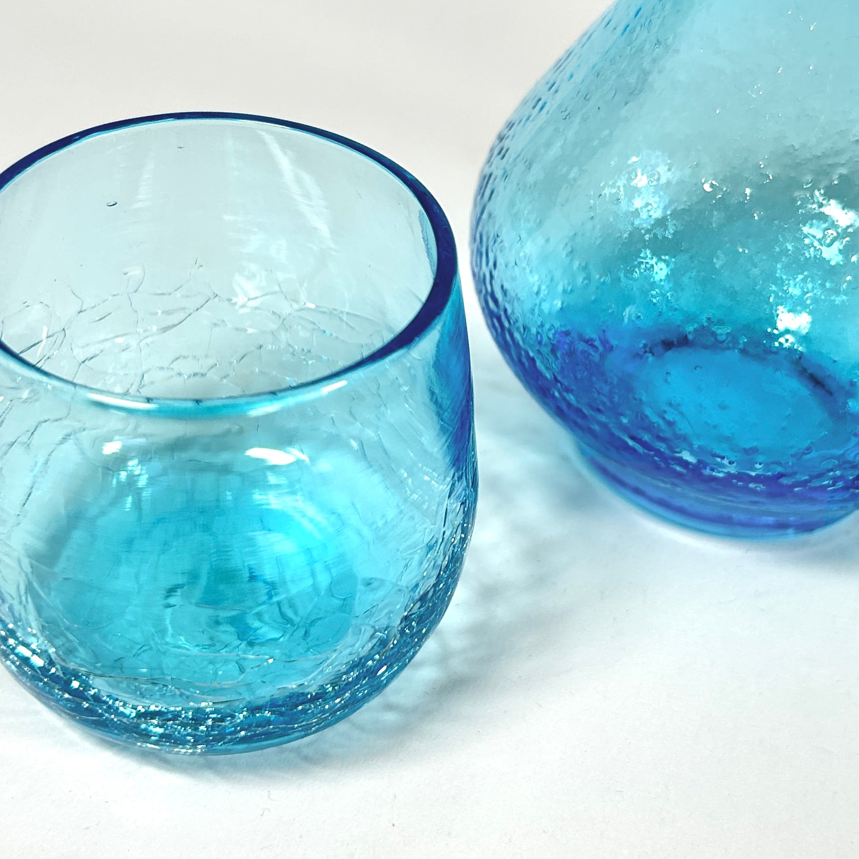 Bedside Carafe Tumble Up Turquoise Blue Crackle Glass Set /2
