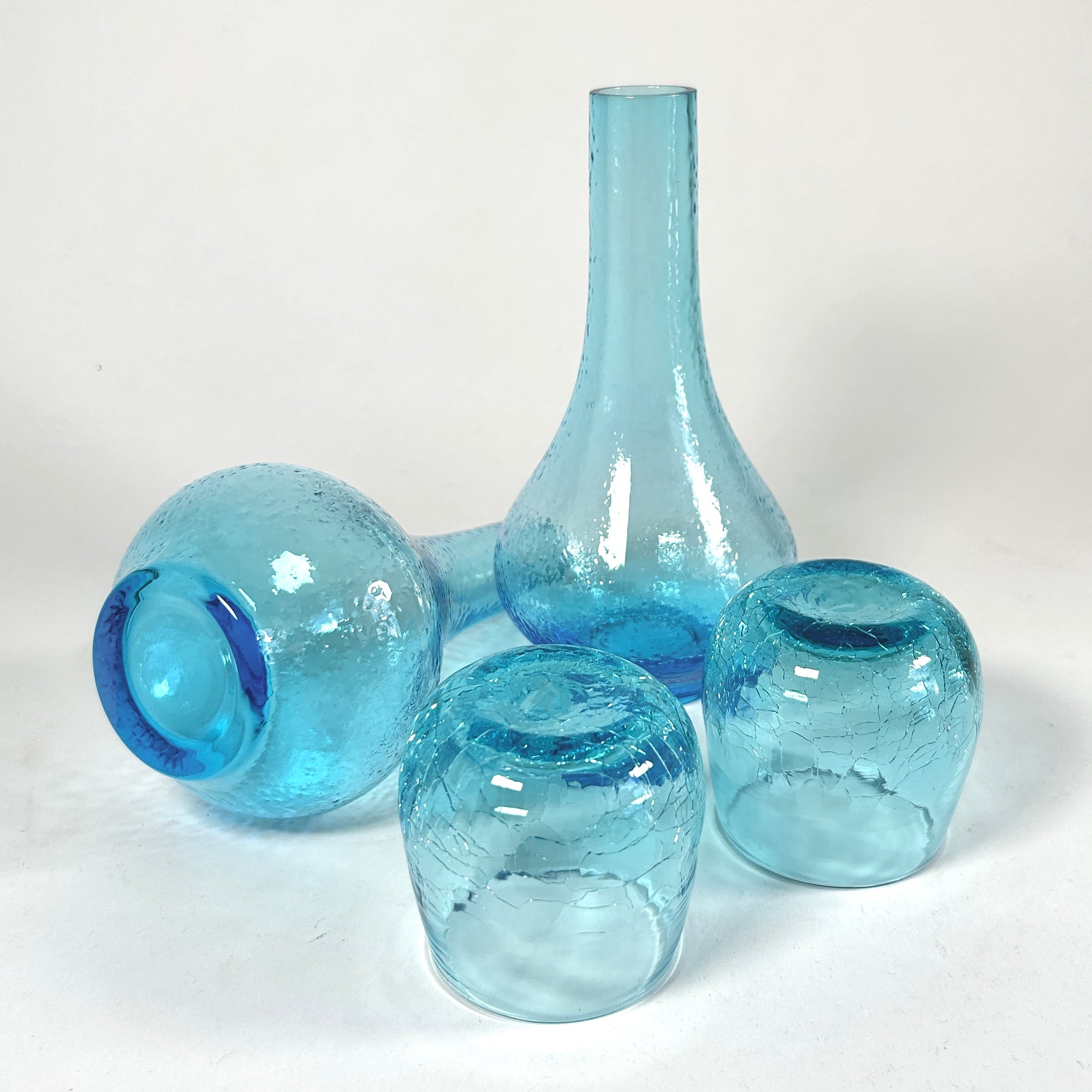 Bedside Carafe Tumble Up Turquoise Blue Crackle Glass Set /2