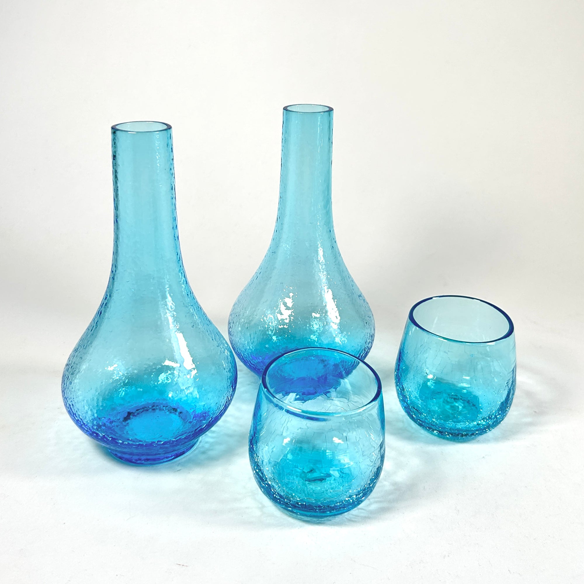 Bedside Carafe Tumble Up Turquoise Blue Crackle Glass Set /2