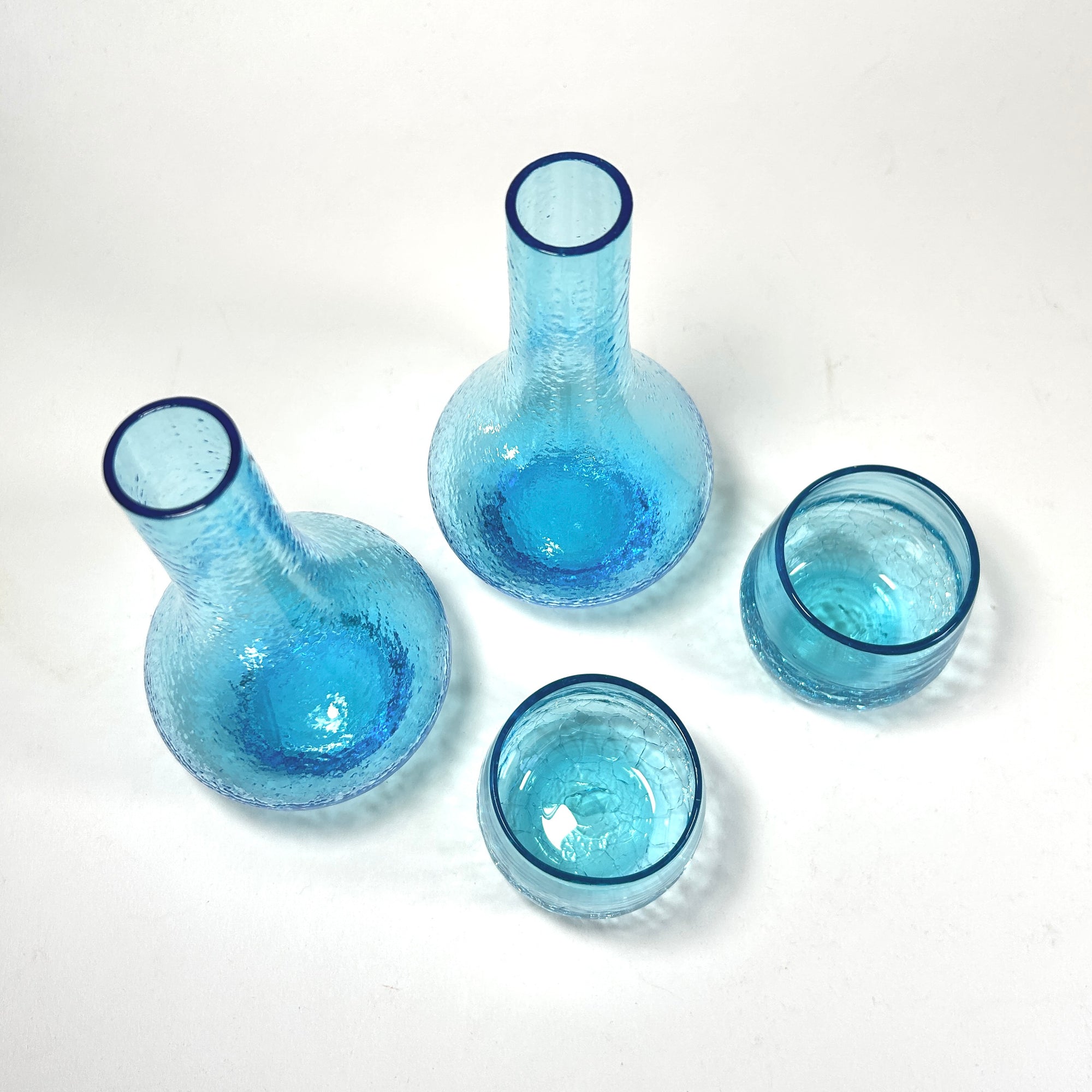 Bedside Carafe Tumble Up Turquoise Blue Crackle Glass Set /2