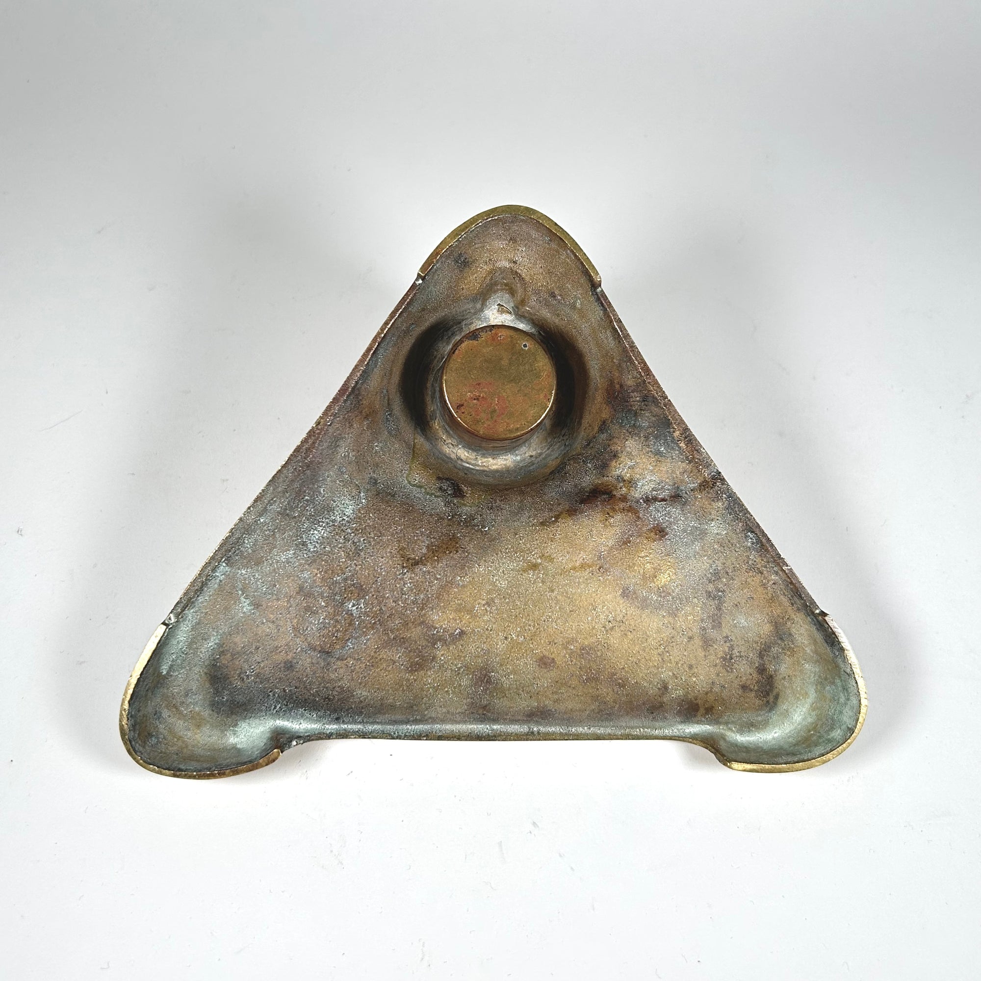 Art Nouveau Triangular Brass Inkwell