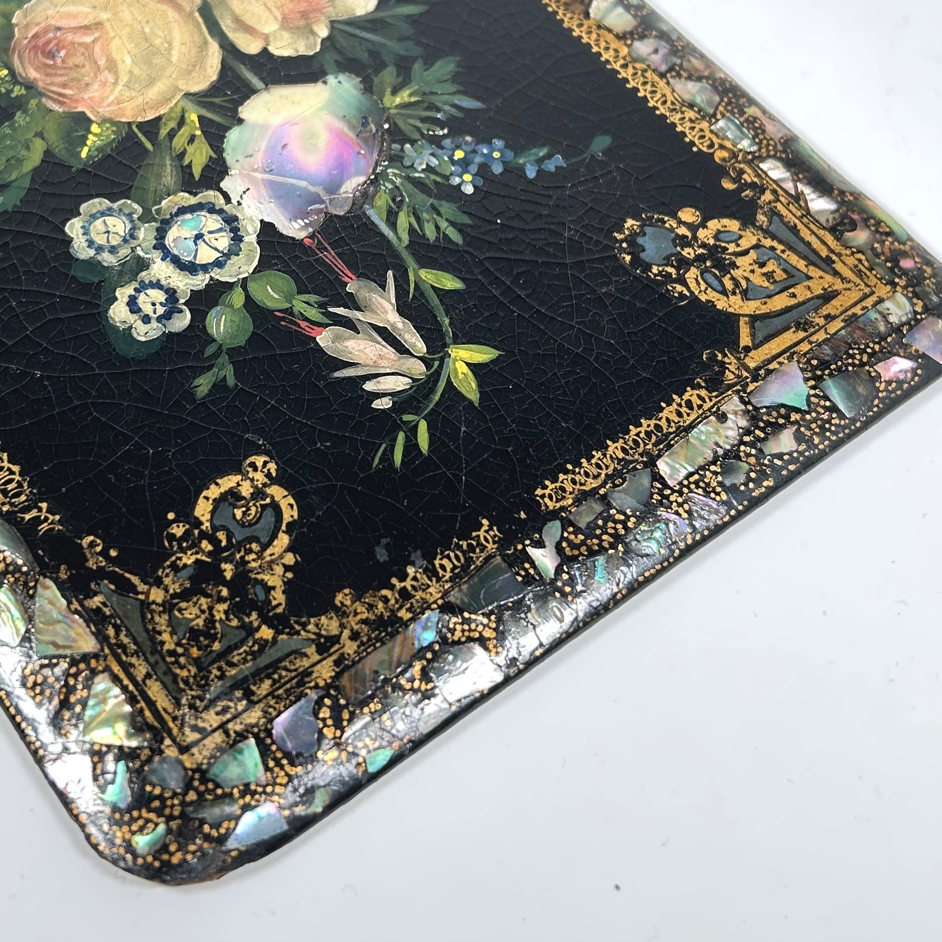 Victorian Papier-mache Mother of Pearl Inlaid Plaque on Stand