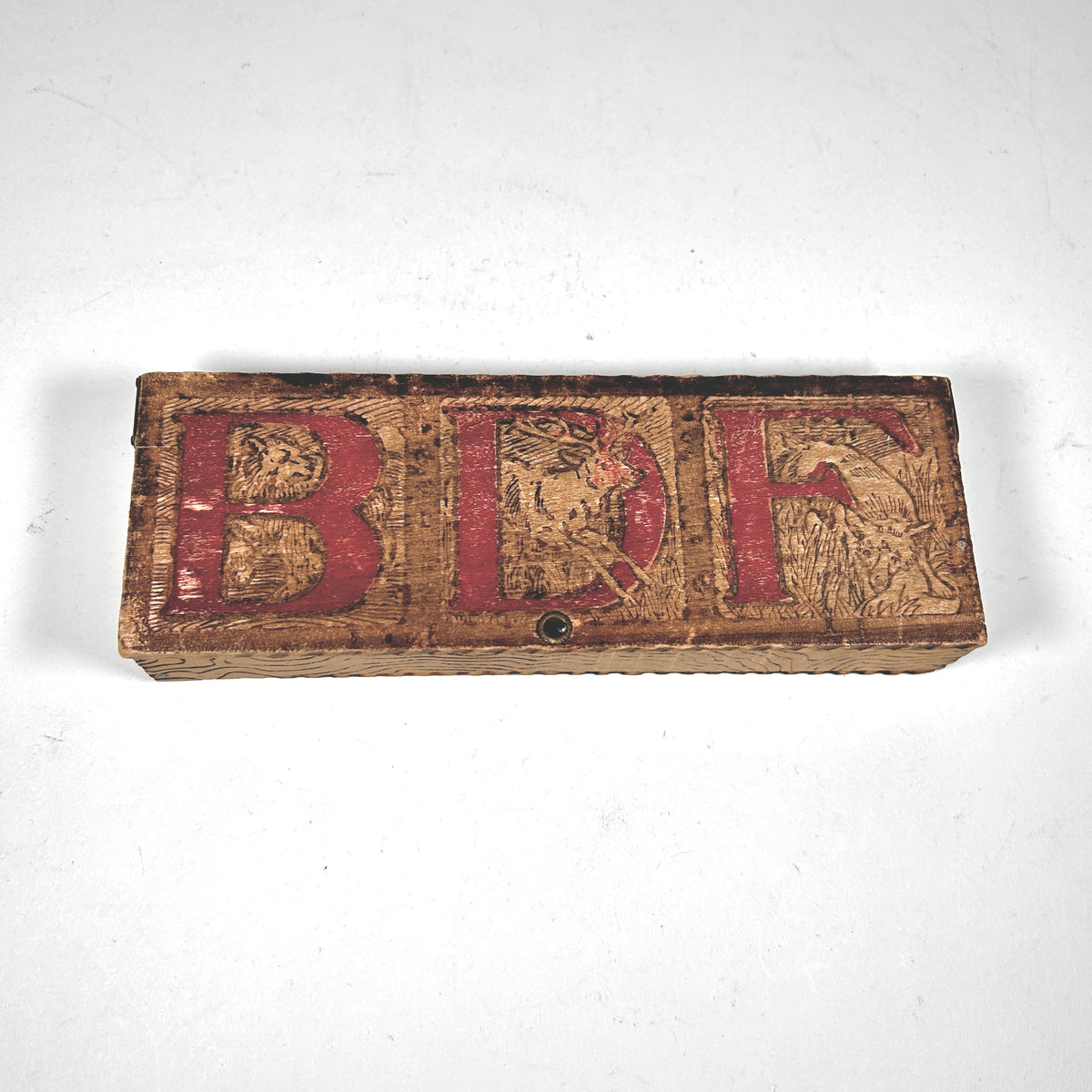 Antique Pyrography Pencil Box with Bear, Deer, and Fox