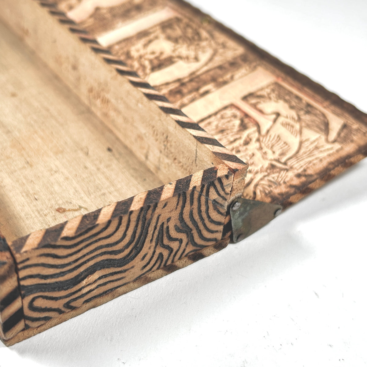 Antique Pyrography Pencil Box with Bear, Deer, and Fox