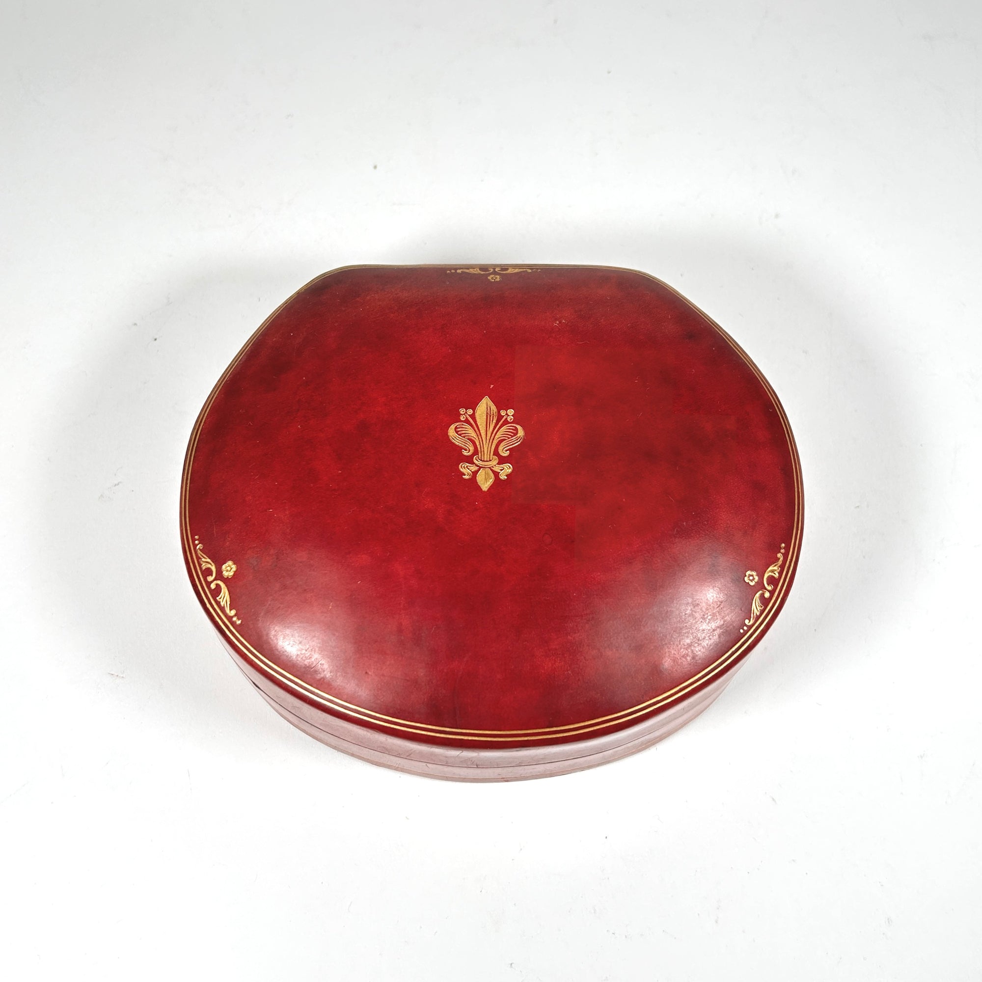 Italian Red Leather Scallop-Shaped Jewelry Box with Gold Decorations