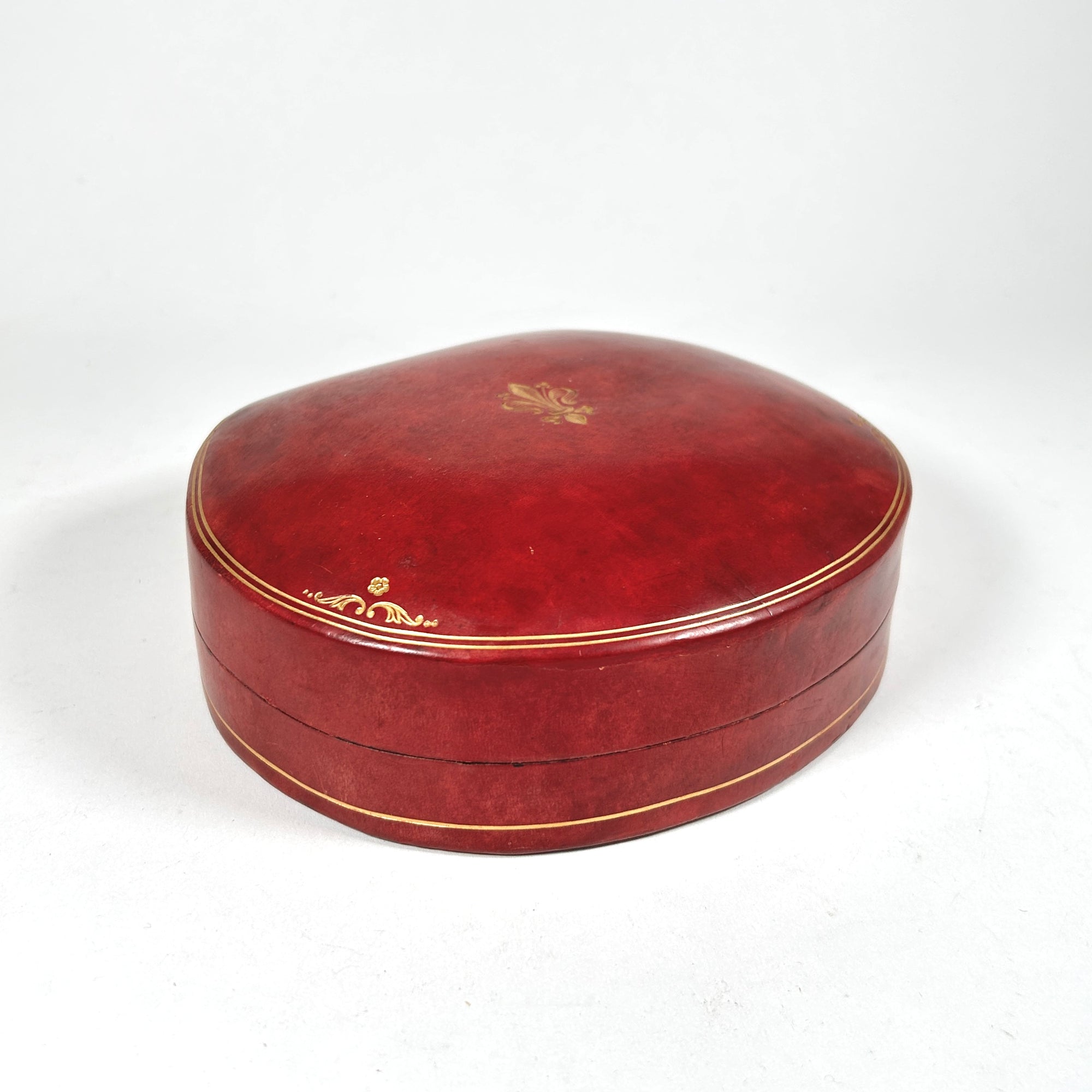 Italian Red Leather Scallop-Shaped Jewelry Box with Gold Decorations
