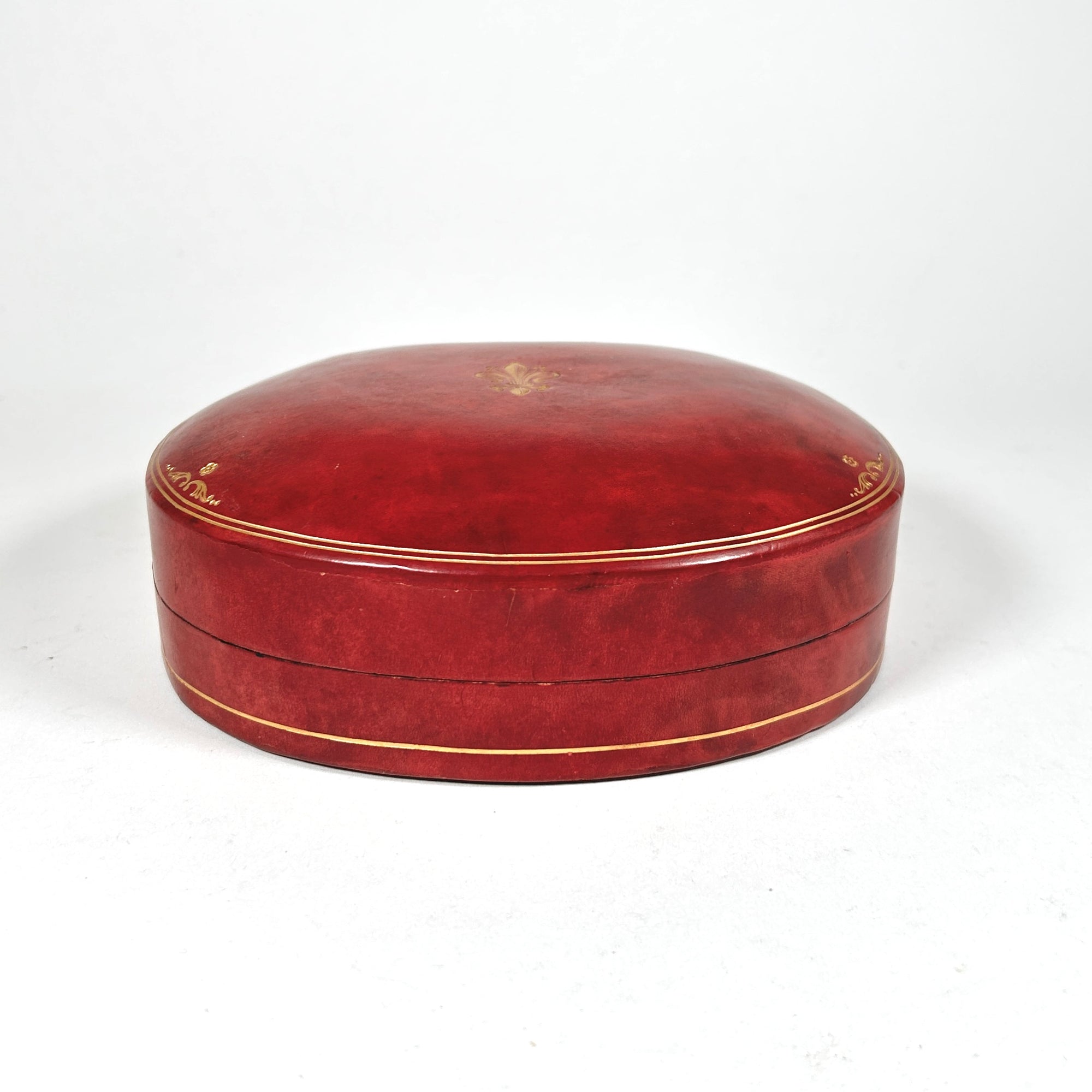 Italian Red Leather Scallop-Shaped Jewelry Box with Gold Decorations