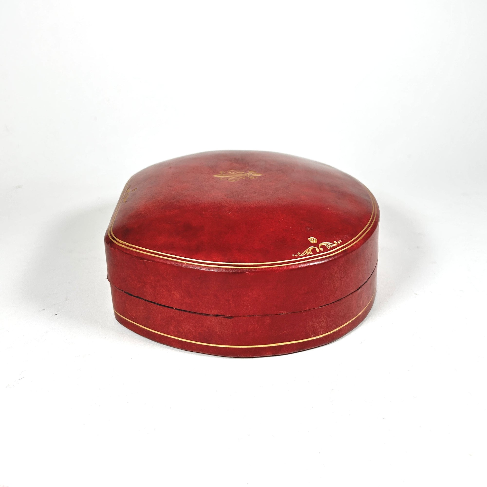 Italian Red Leather Scallop-Shaped Jewelry Box with Gold Decorations