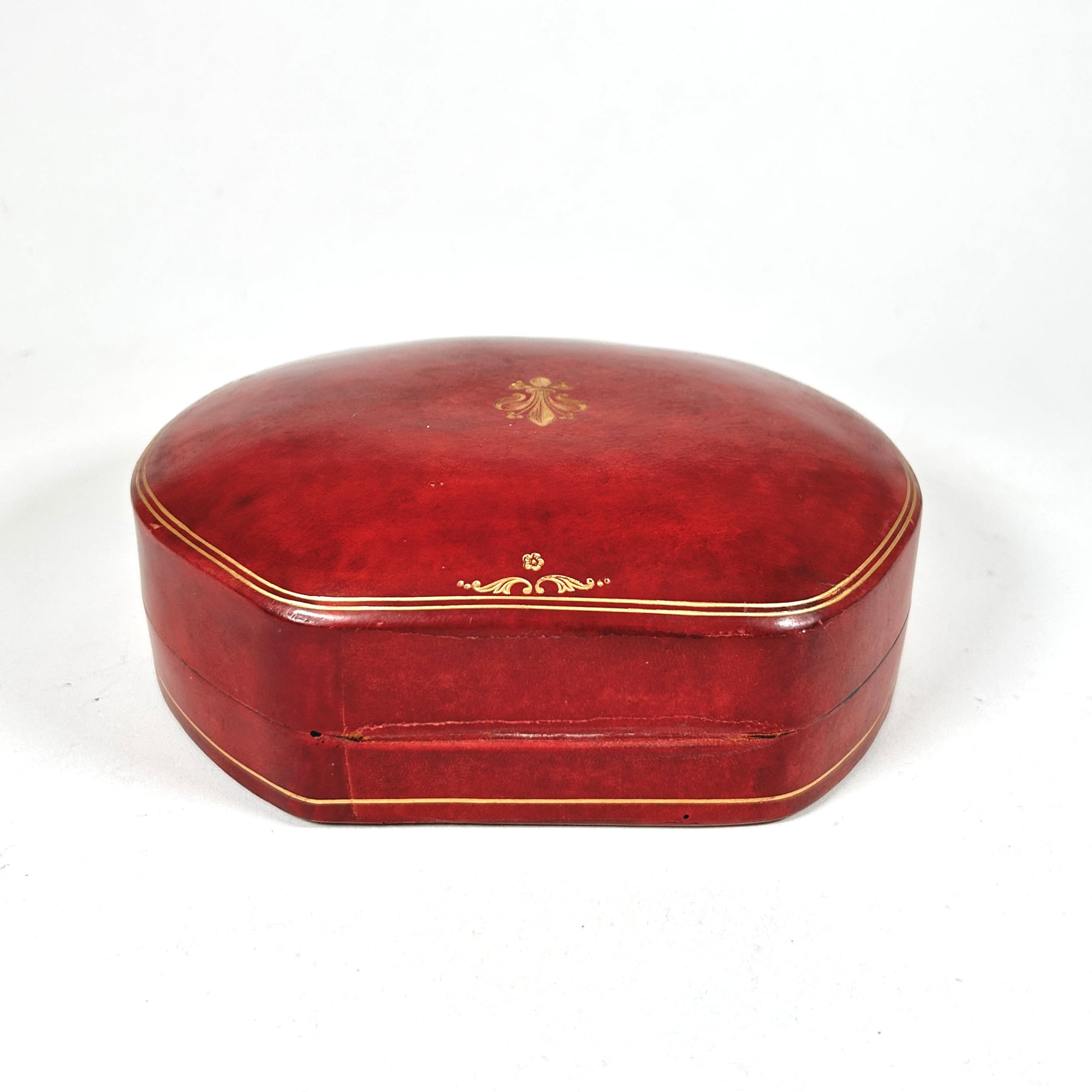 Italian Red Leather Scallop-Shaped Jewelry Box with Gold Decorations
