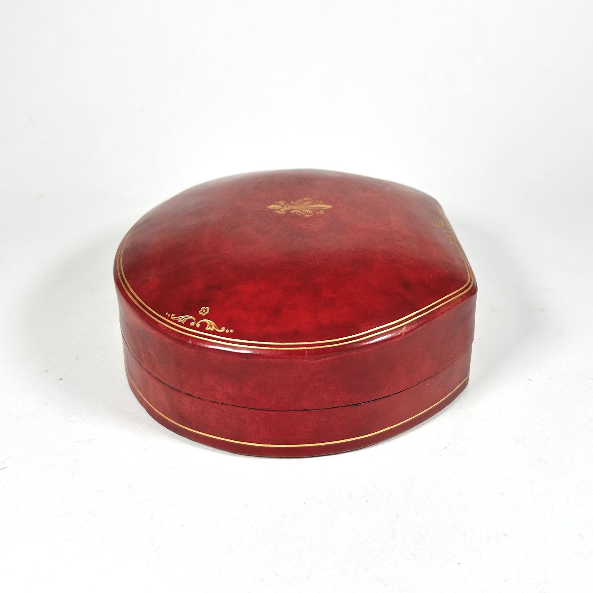 Italian Red Leather Scallop-Shaped Jewelry Box with Gold Decorations
