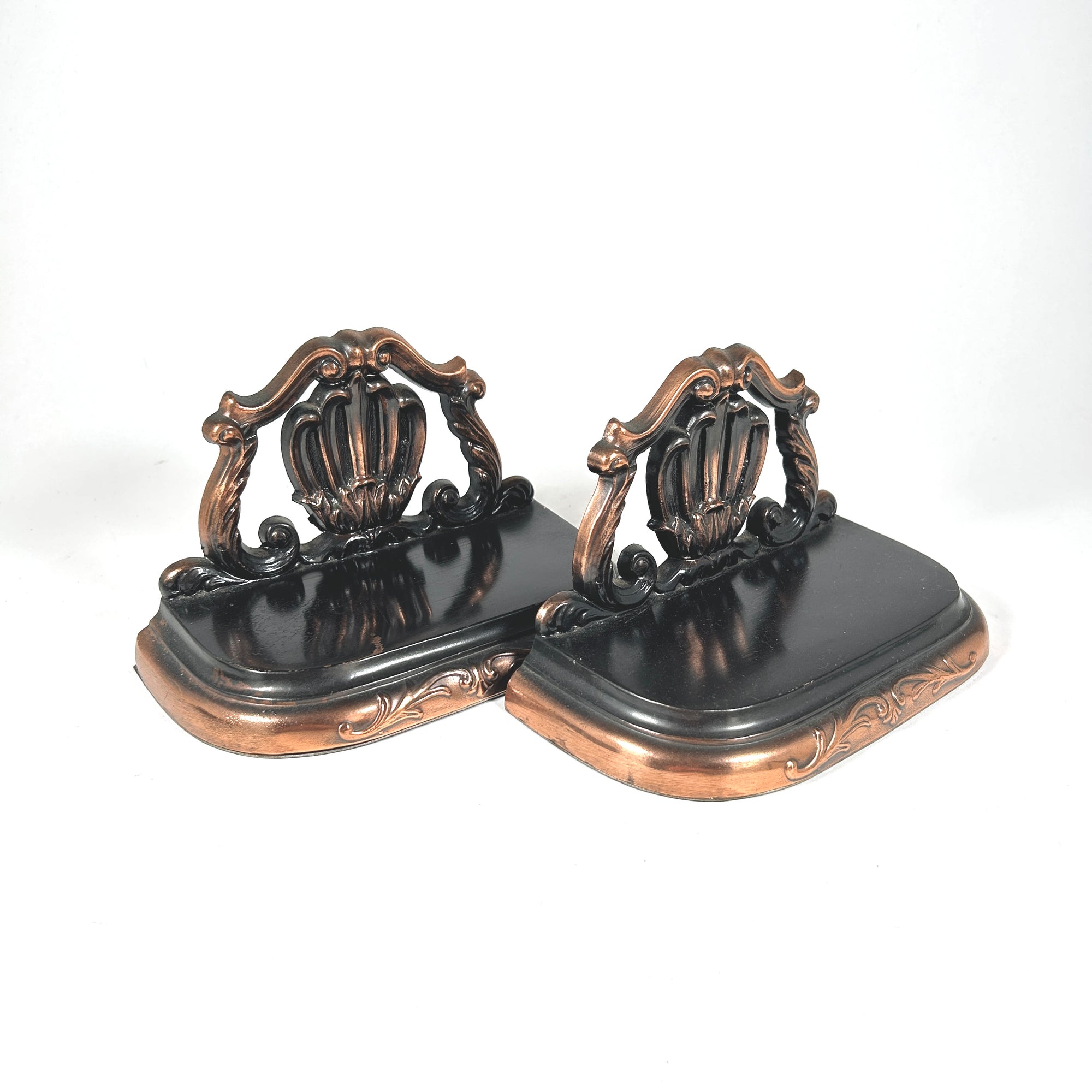 Rococo Style Black and Copper Shell Motif Bookends