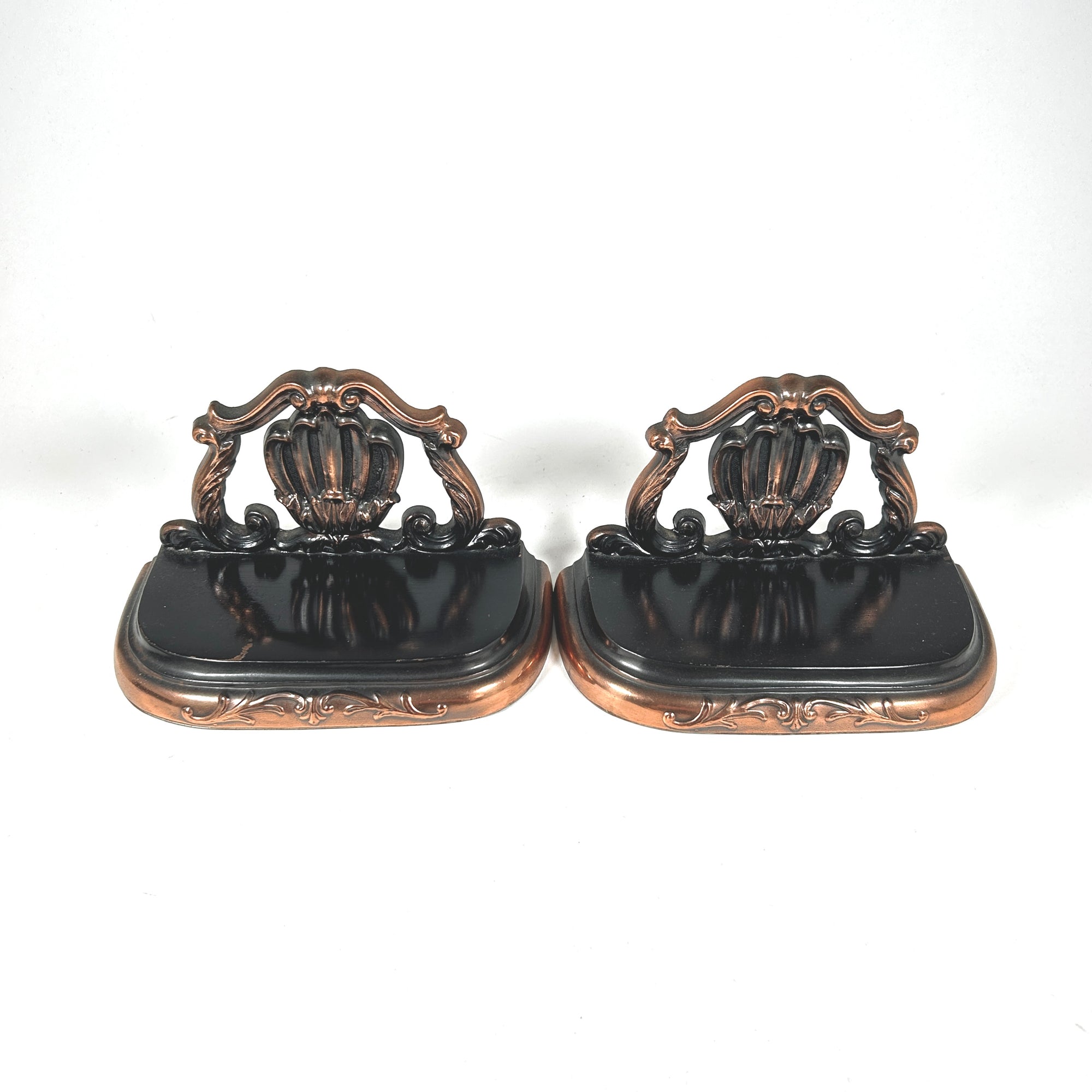 Rococo Style Black and Copper Shell Motif Bookends