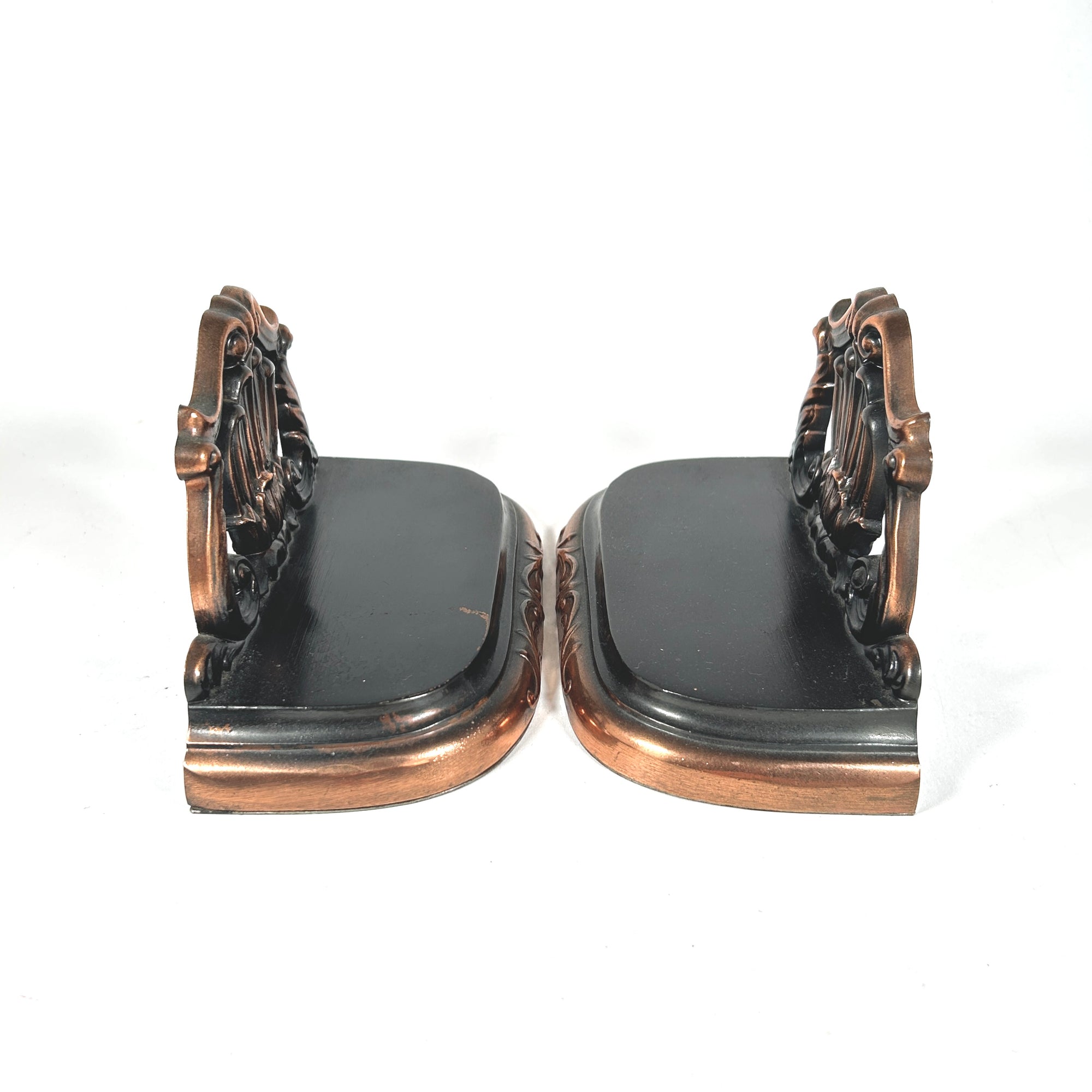 Rococo Style Black and Copper Shell Motif Bookends