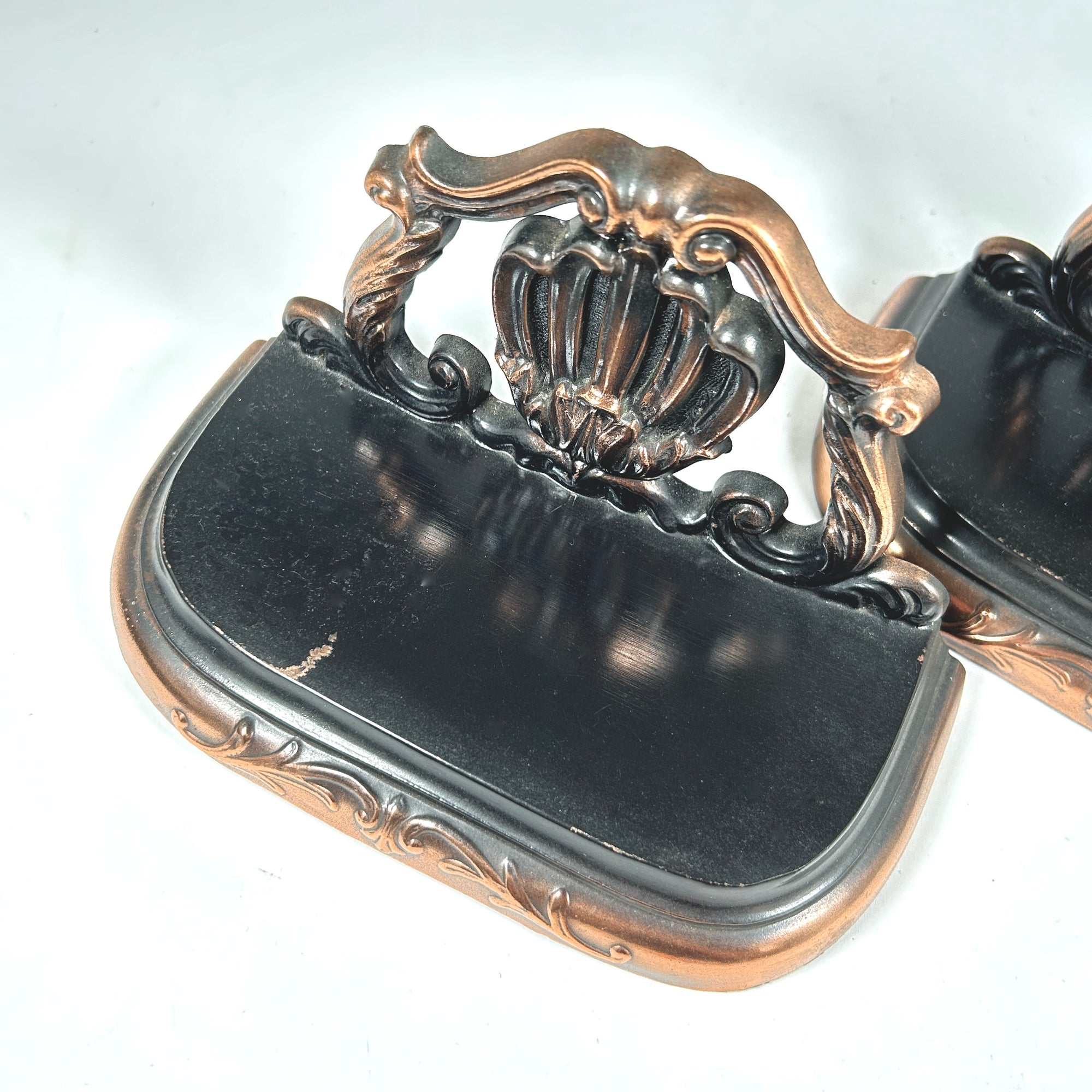 Rococo Style Black and Copper Shell Motif Bookends