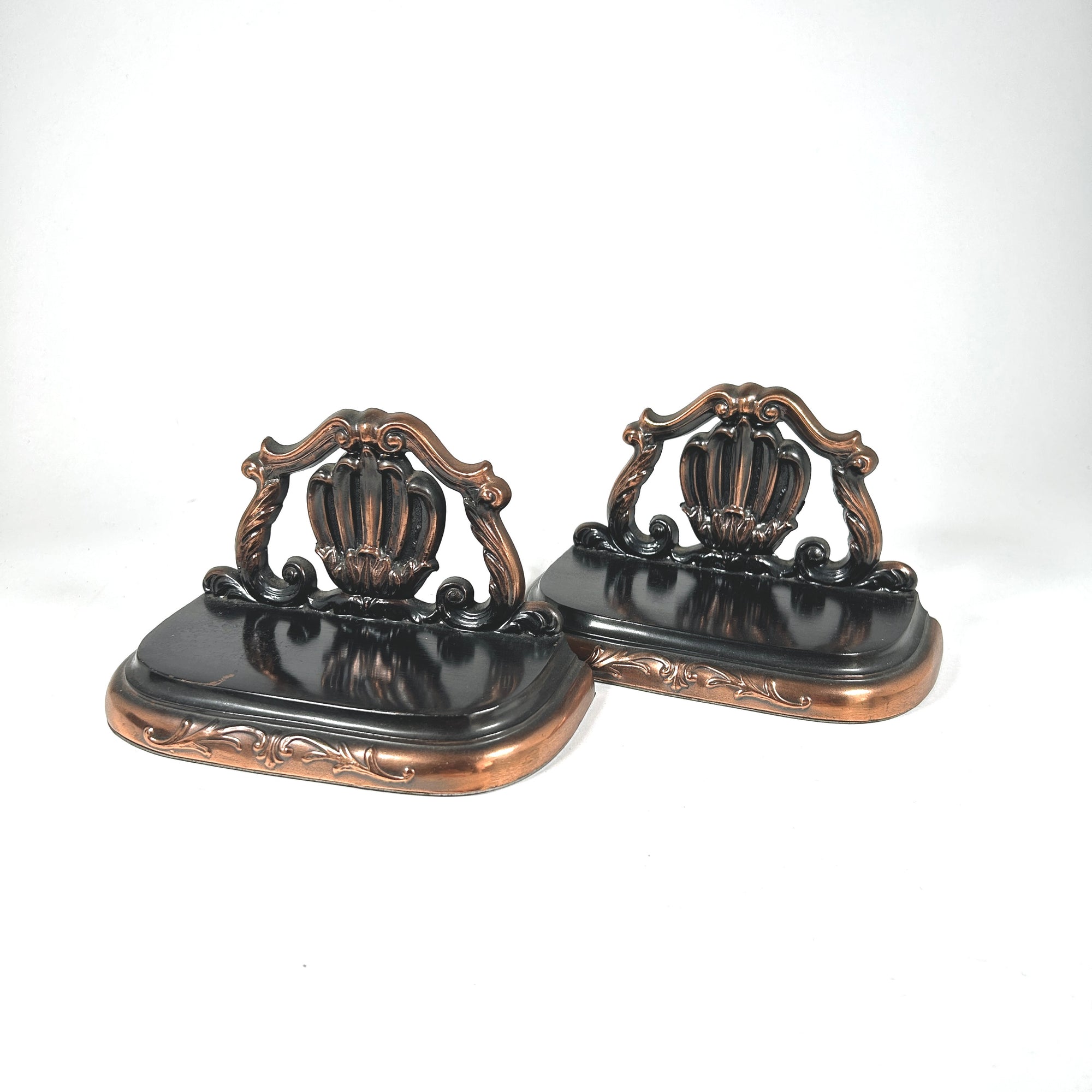 Rococo Style Black and Copper Shell Motif Bookends